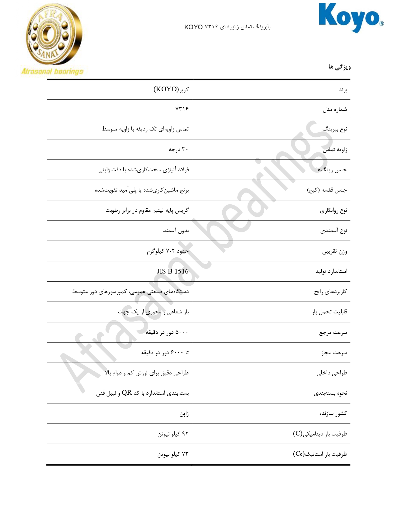 کاتالوگ مشخصات بلبرینگ 7316 KOYO