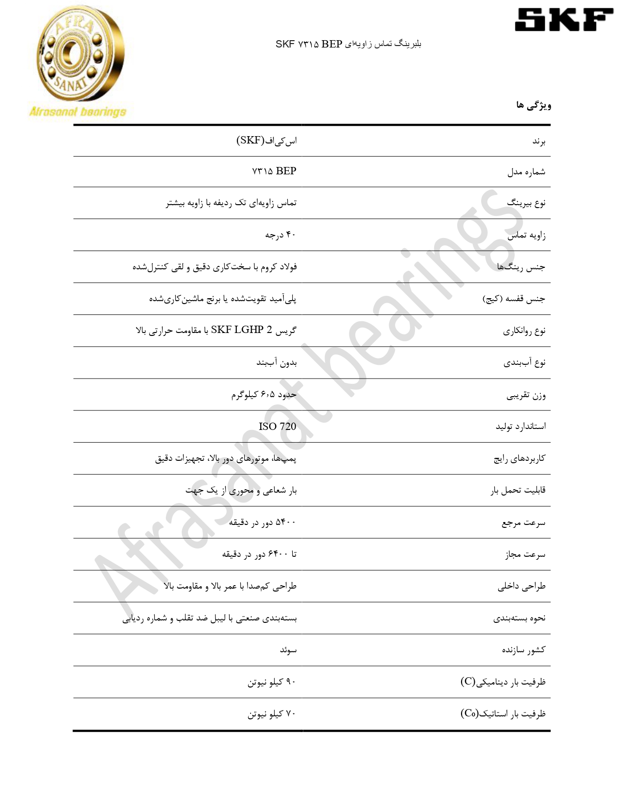 کاتالوگ مشخصات بلبرینگ 7315BEP SKF