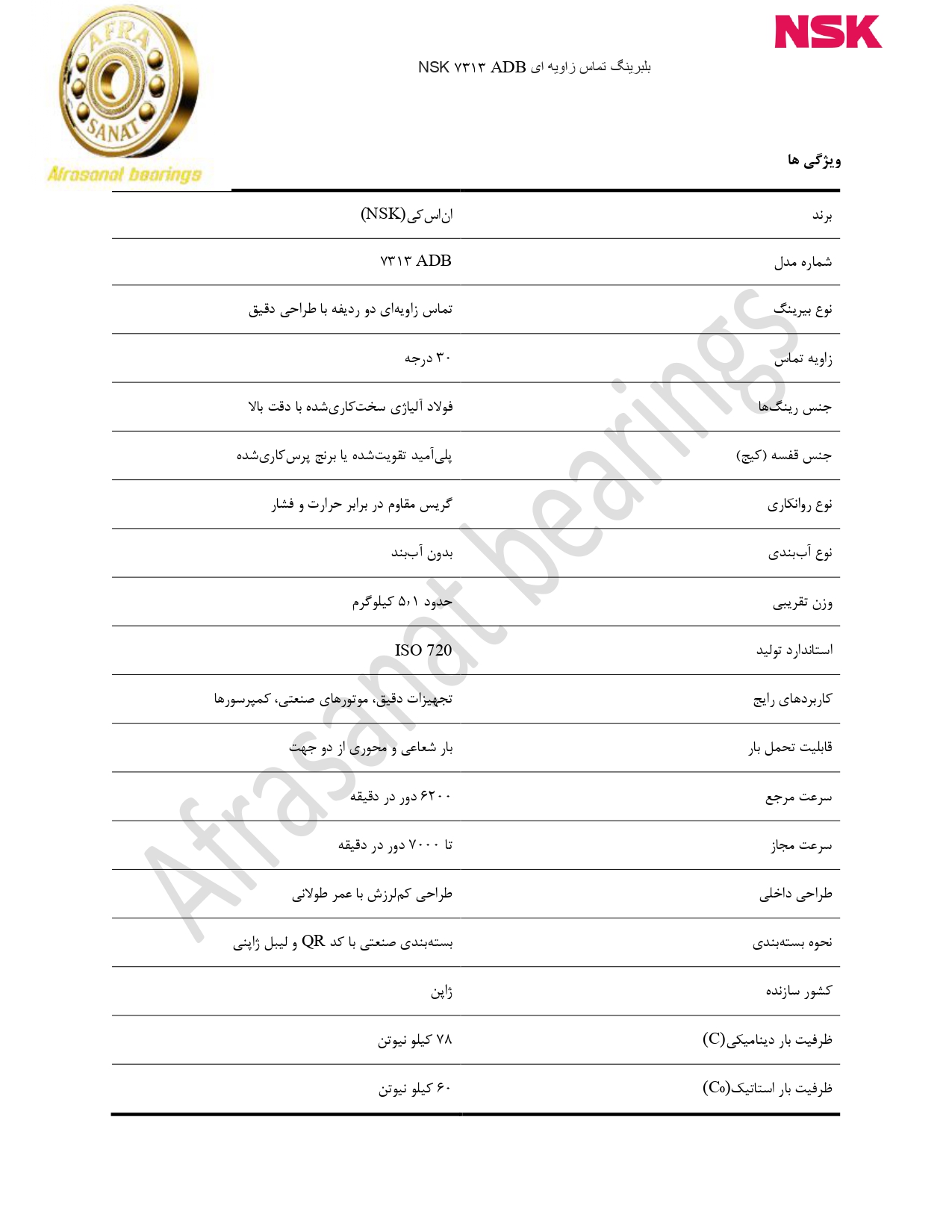 کاتالوگ مشخصات بلبرینگ 7313ADB NSK