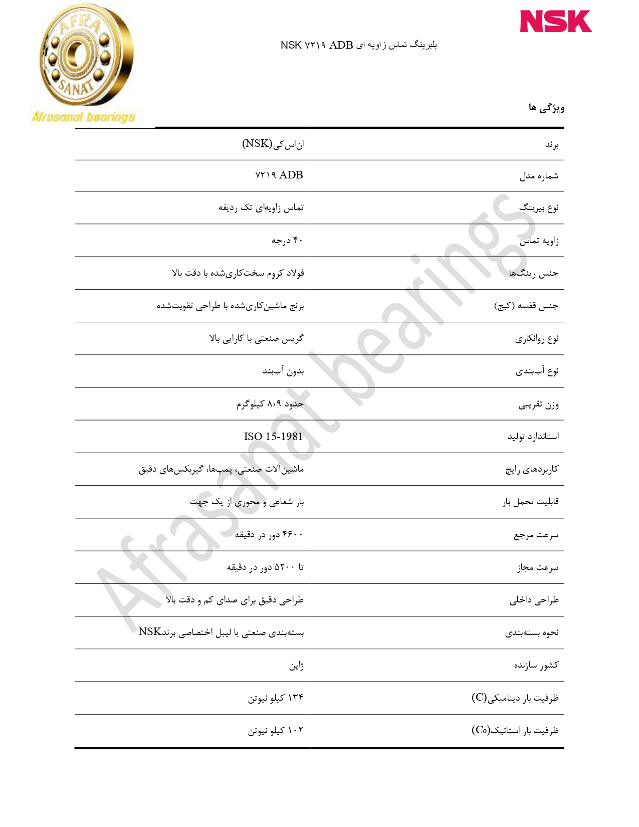 کاتالوگ مشخصات بلبرینگ 7219ADB NSK