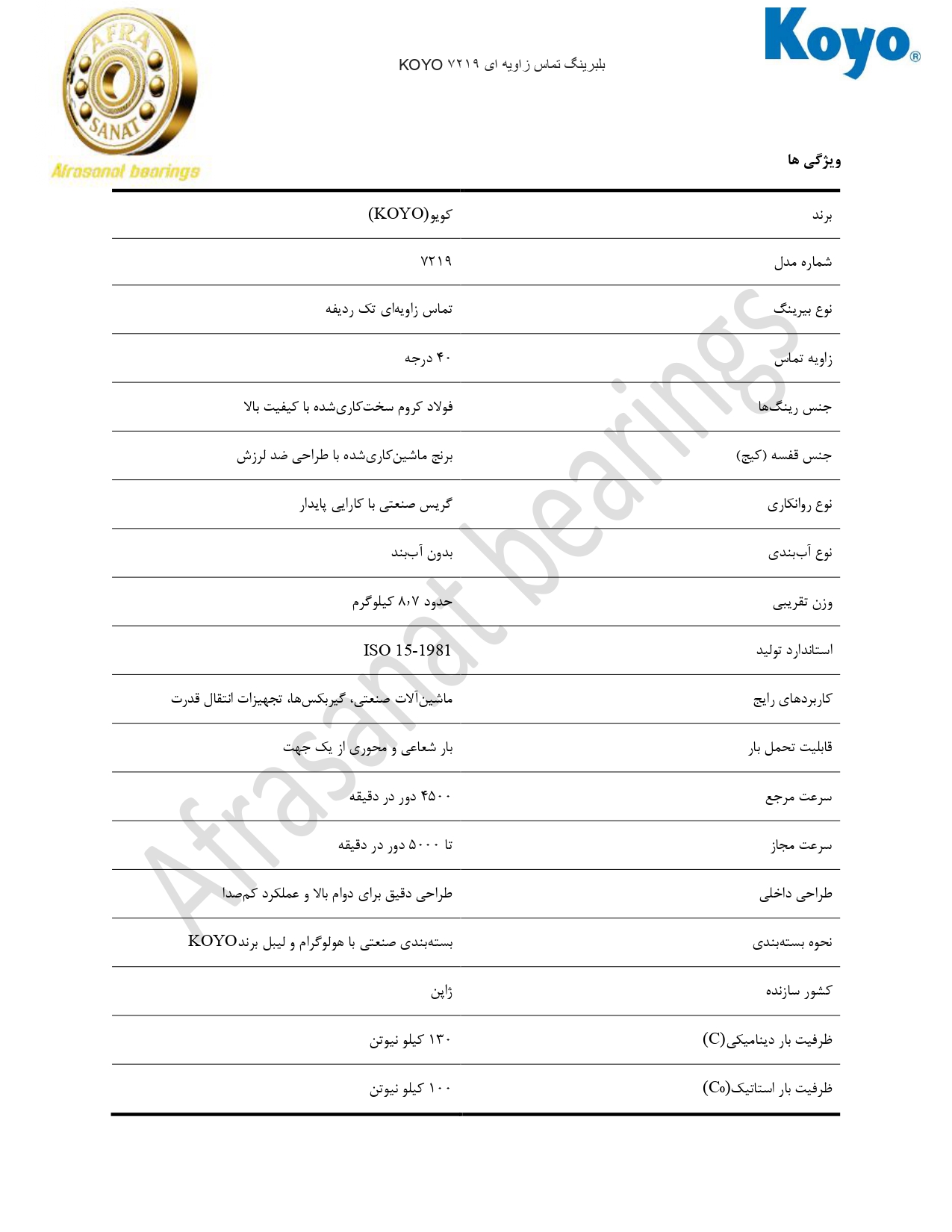 کاتالوگ مشخصات بلبرینگ 7219 KOYO