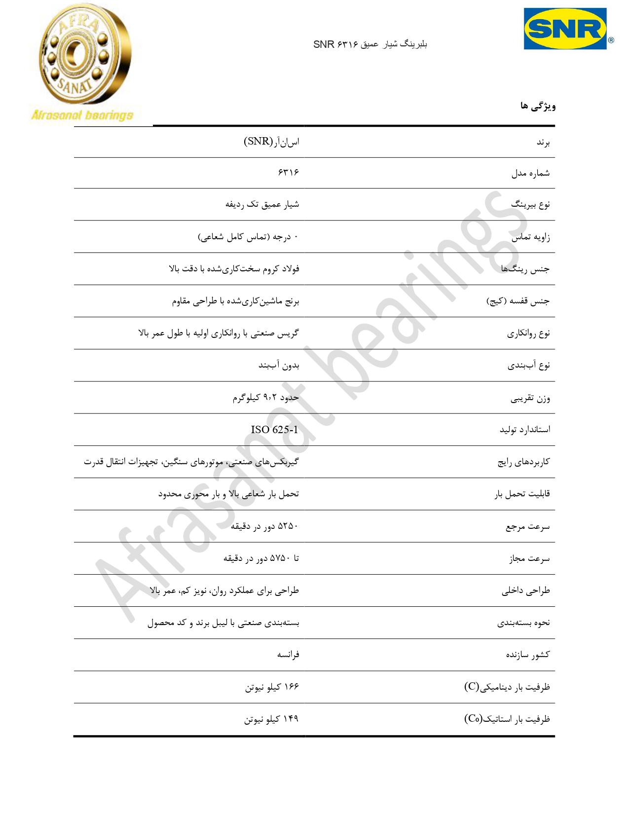 کاتالوگ مشخصات بلبرینگ 6316 SNR