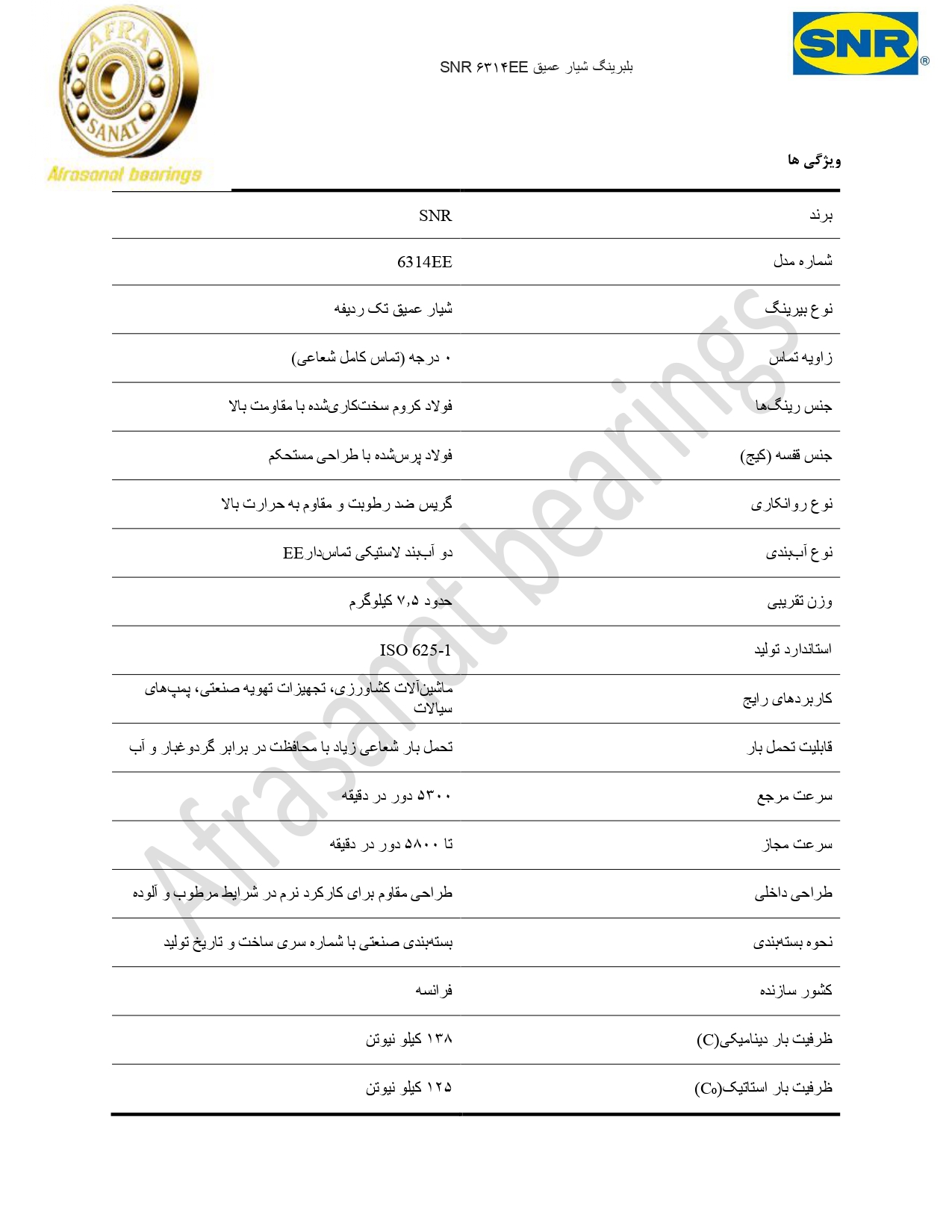 کاتالوگ مشخصات بلبرینگ 6314EE SNR