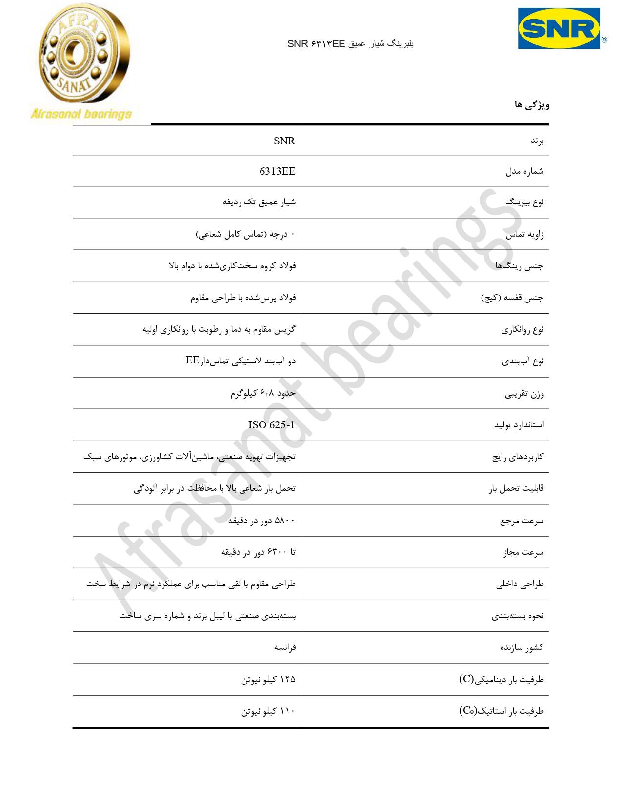 کاتالوگ مشخصات بلبرینگ 6313EE SNR