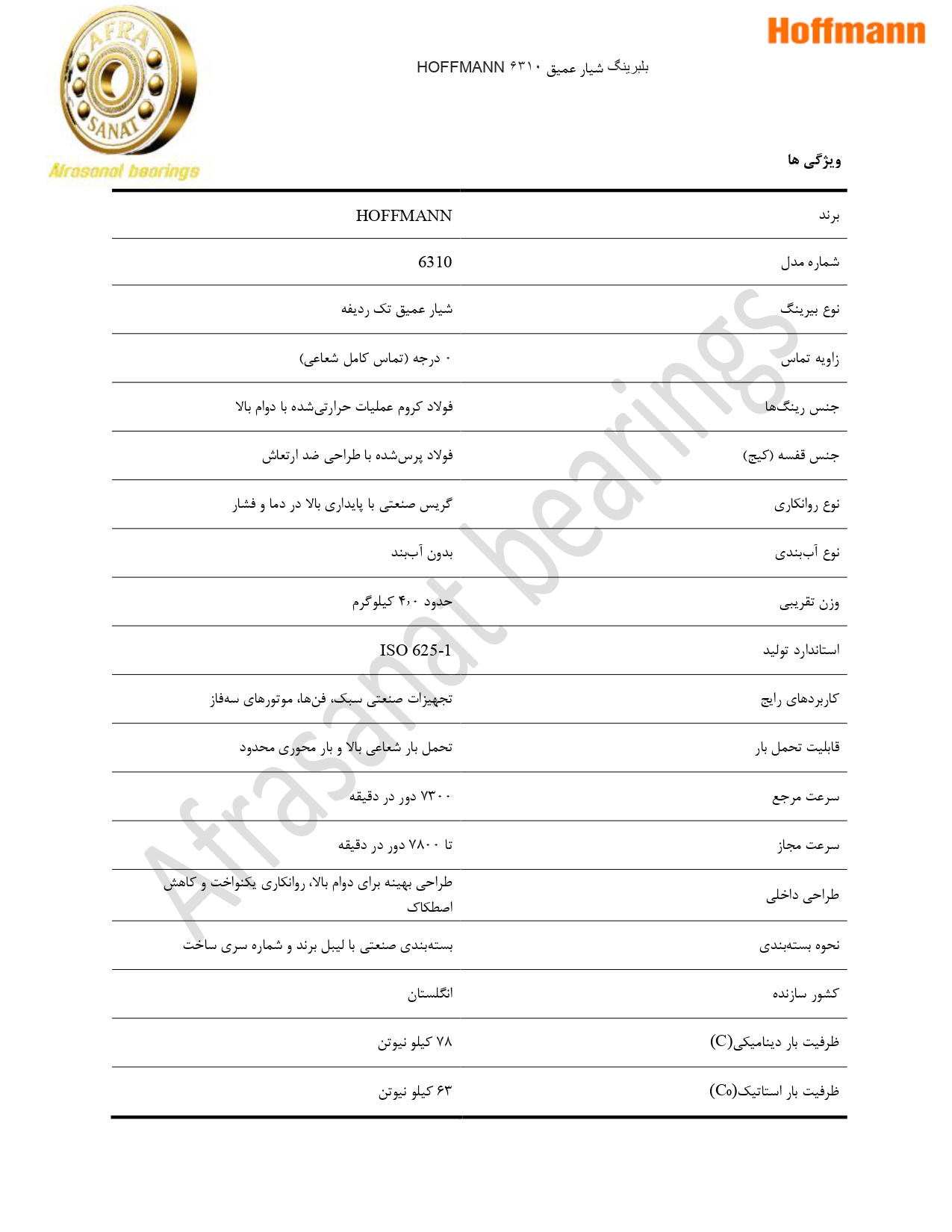 کاتالوگ مشخصات بلبرینگ 6310 HOFFMANN