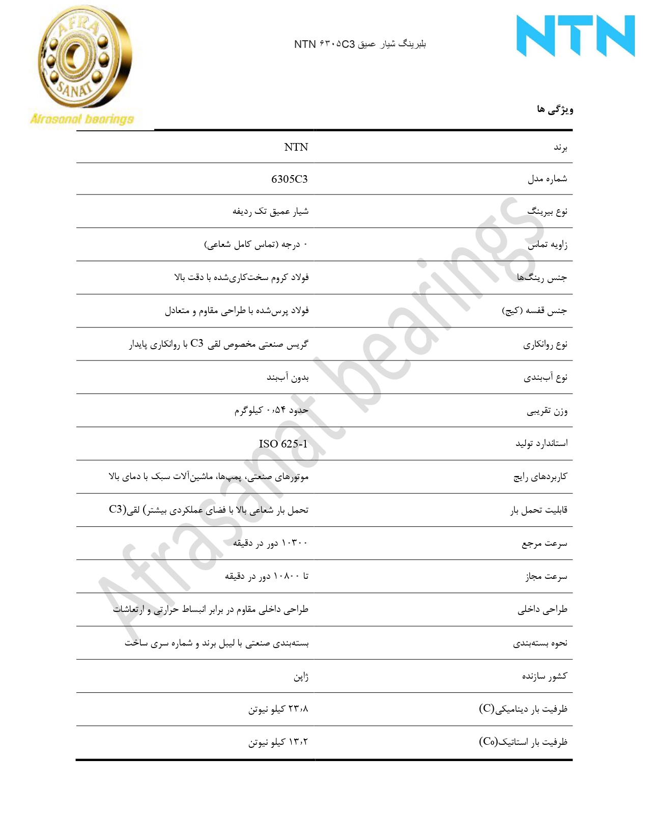 کاتالوگ مشخصات بلبرینگ 6305C3 NTN