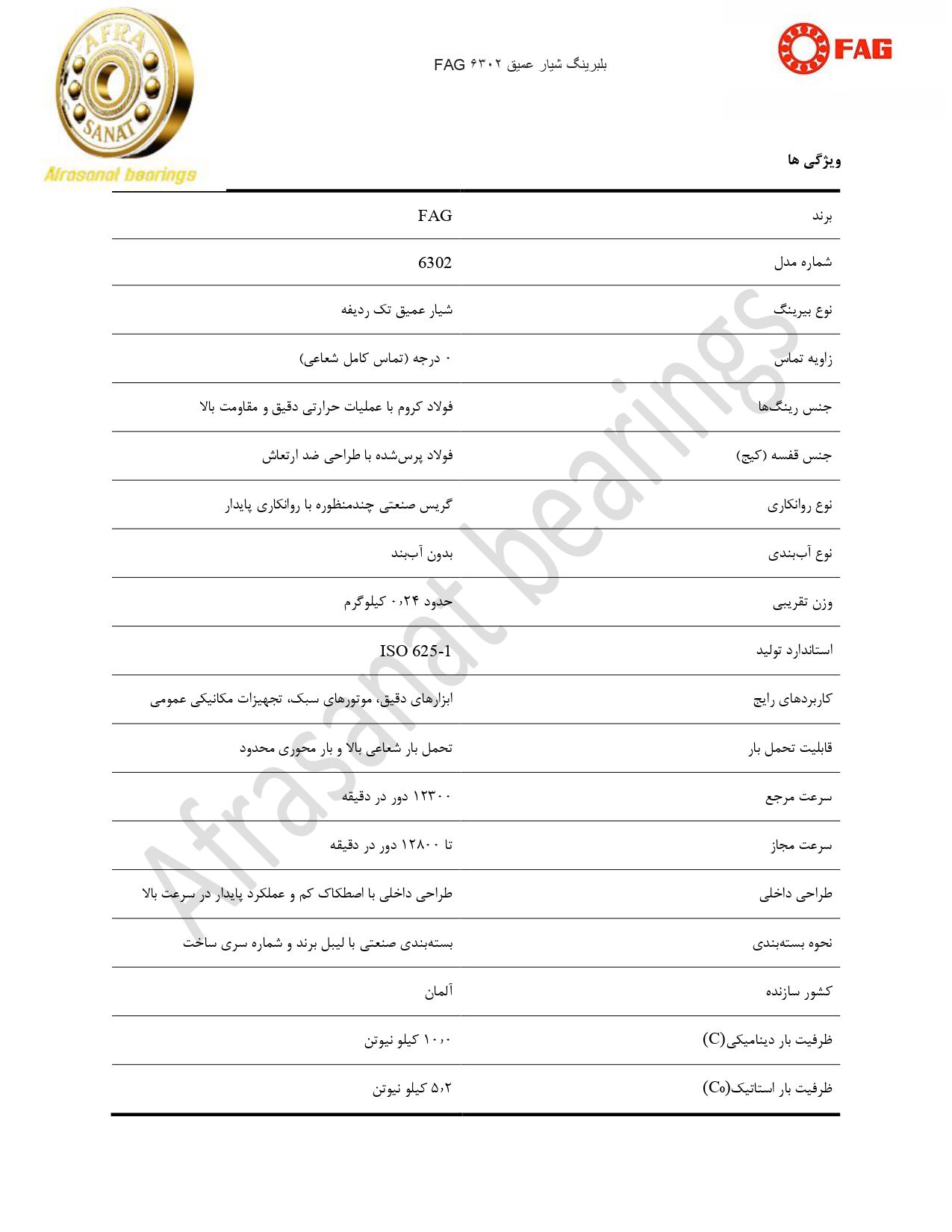 کاتالوگ مشخصات بلبرینگ 6302 FAG