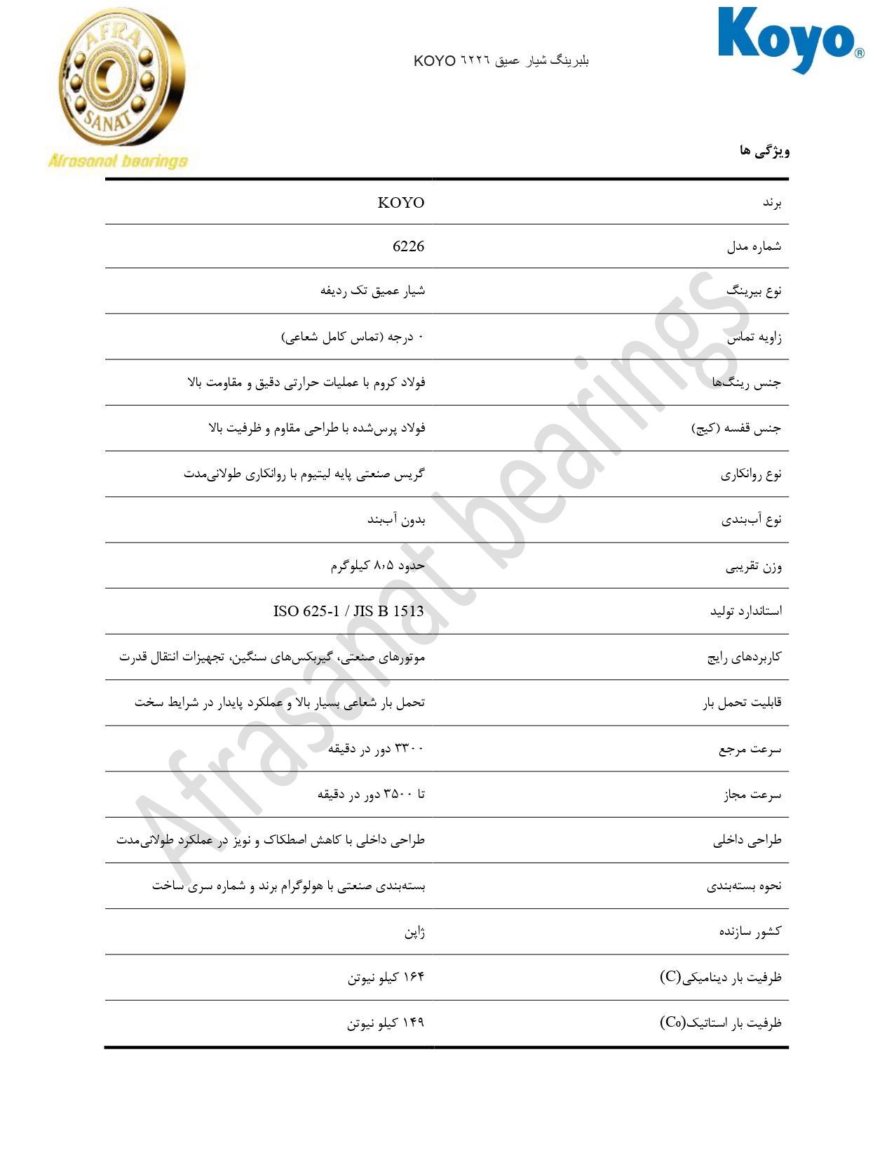 کاتالوگ مشخصات بلبرینگ 6226 KOYO