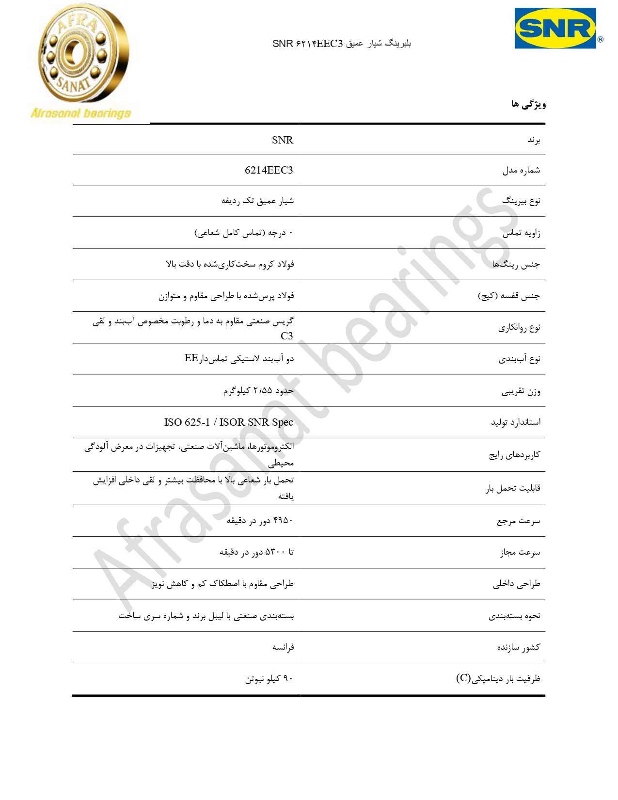 کاتالوگ مشخصات بلبرینگ 6214EEC3 SNR
