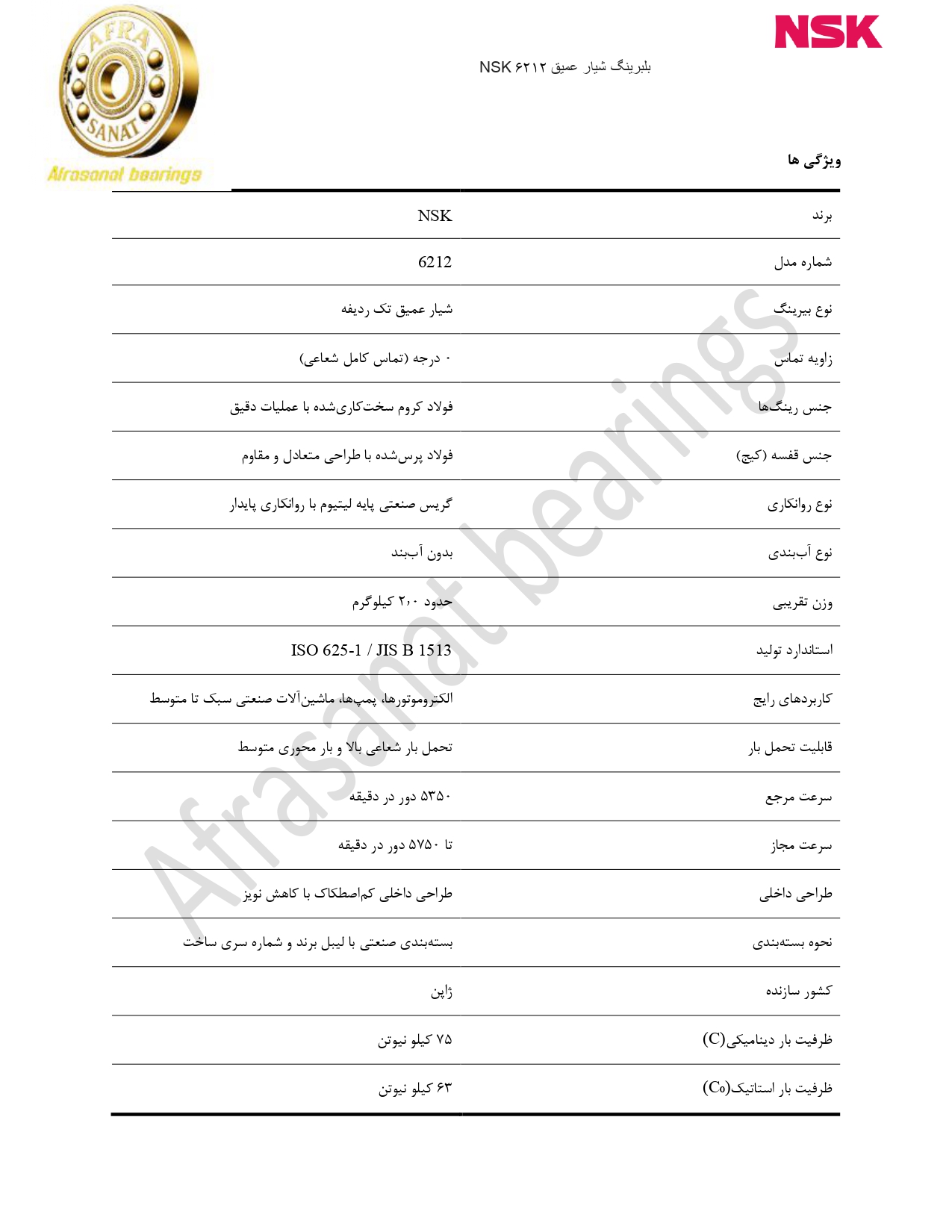 کاتالوگ مشخصات بلبرینگ 6212 NSK