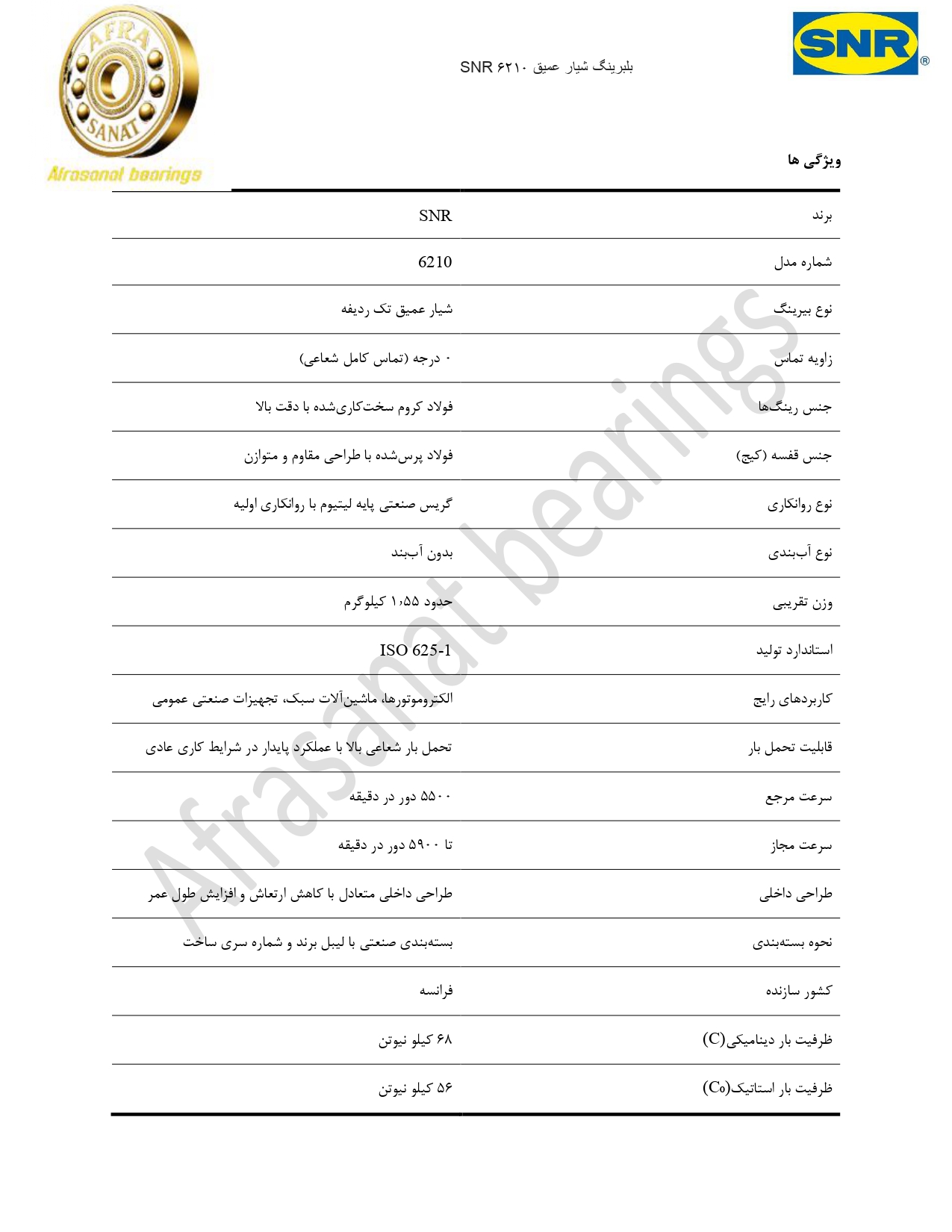 کاتالوگ مشخصات بلبرینگ 6210 SNR