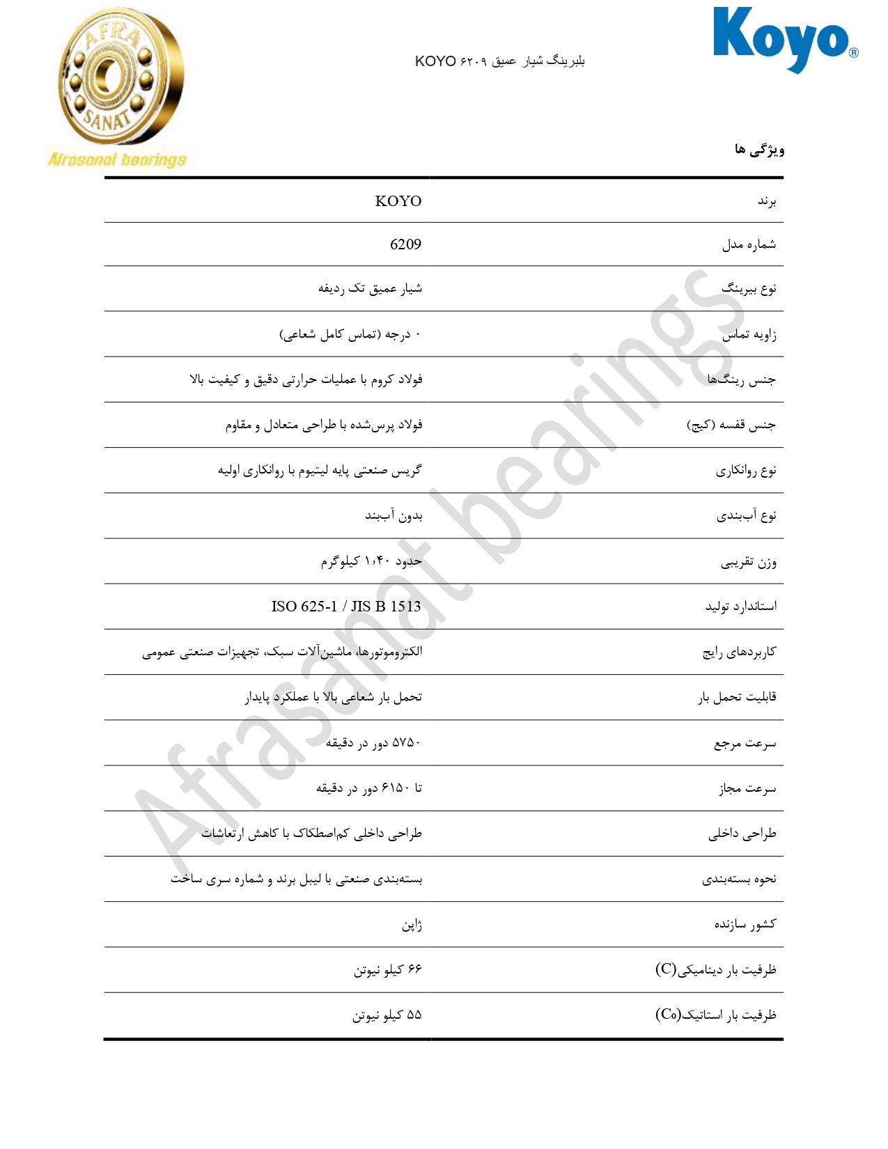 کاتالوگ مشخصات بلبرینگ 6209 KOYO