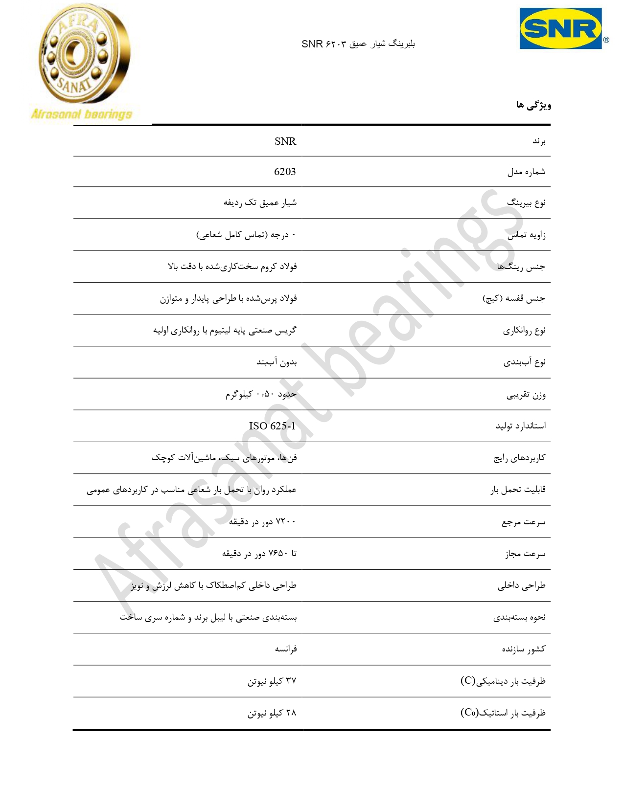 کاتالوگ مشخصات بلبرینگ 6203 SNR