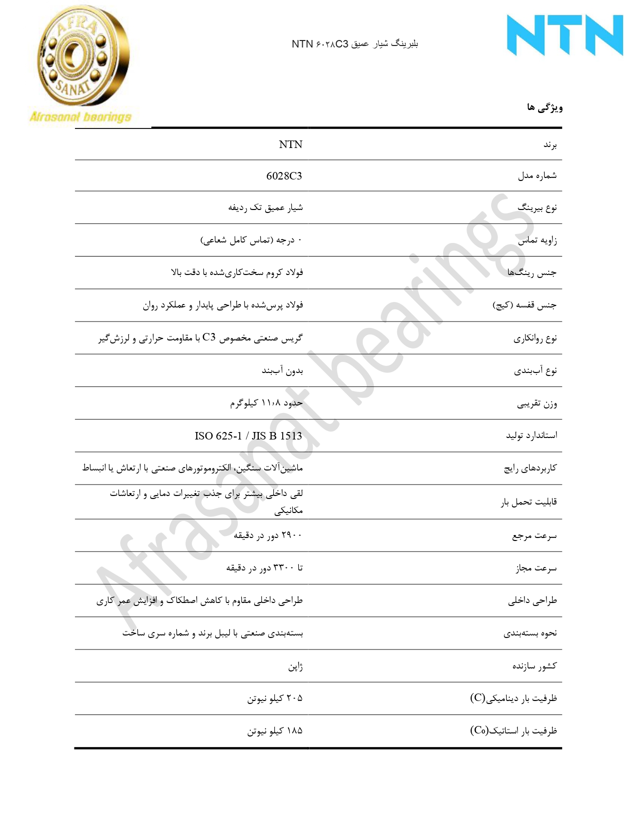 کاتالوگ مشخصات بلبرینگ 6028C3 NTN