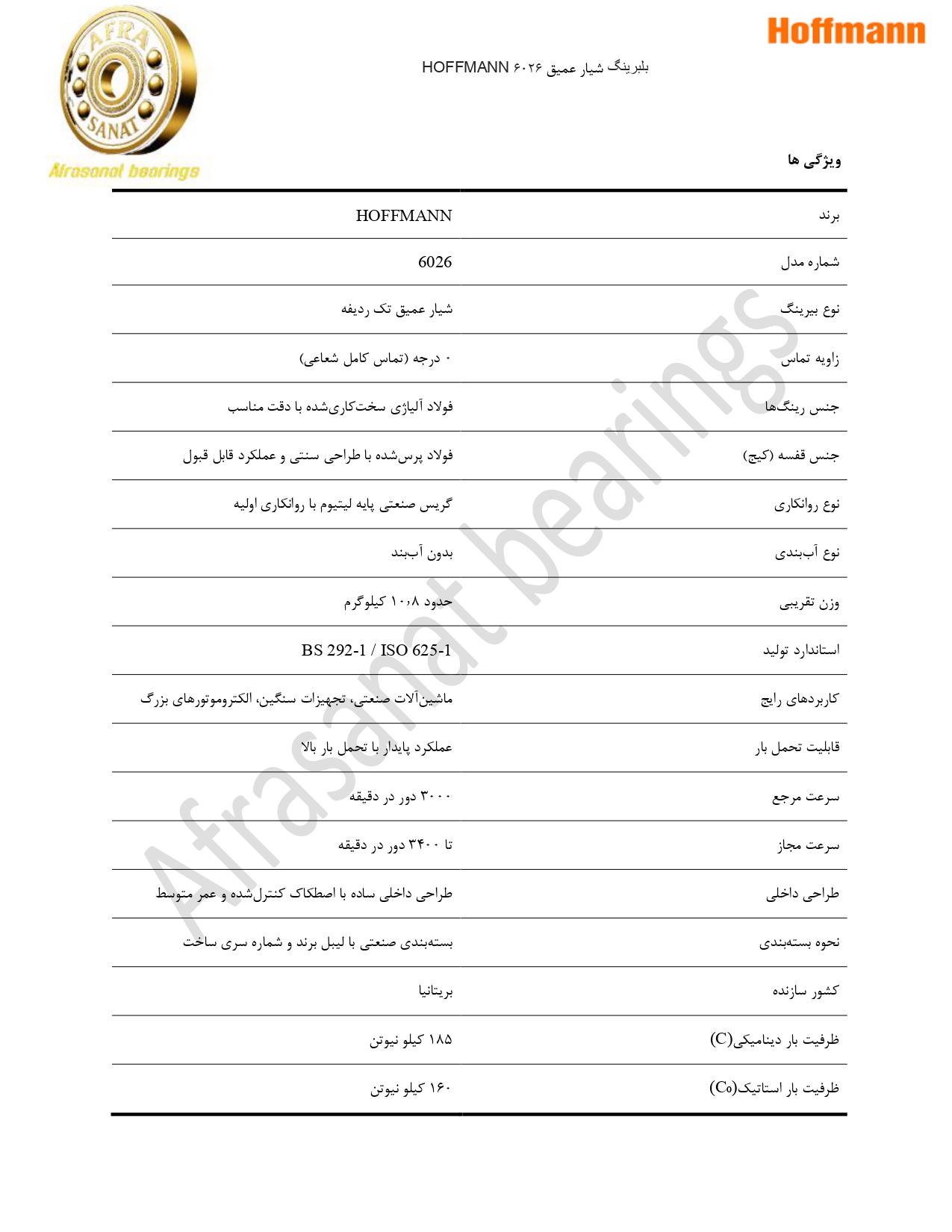کاتالوگ مشخصات بلبرینگ 6026 HOFFMANN