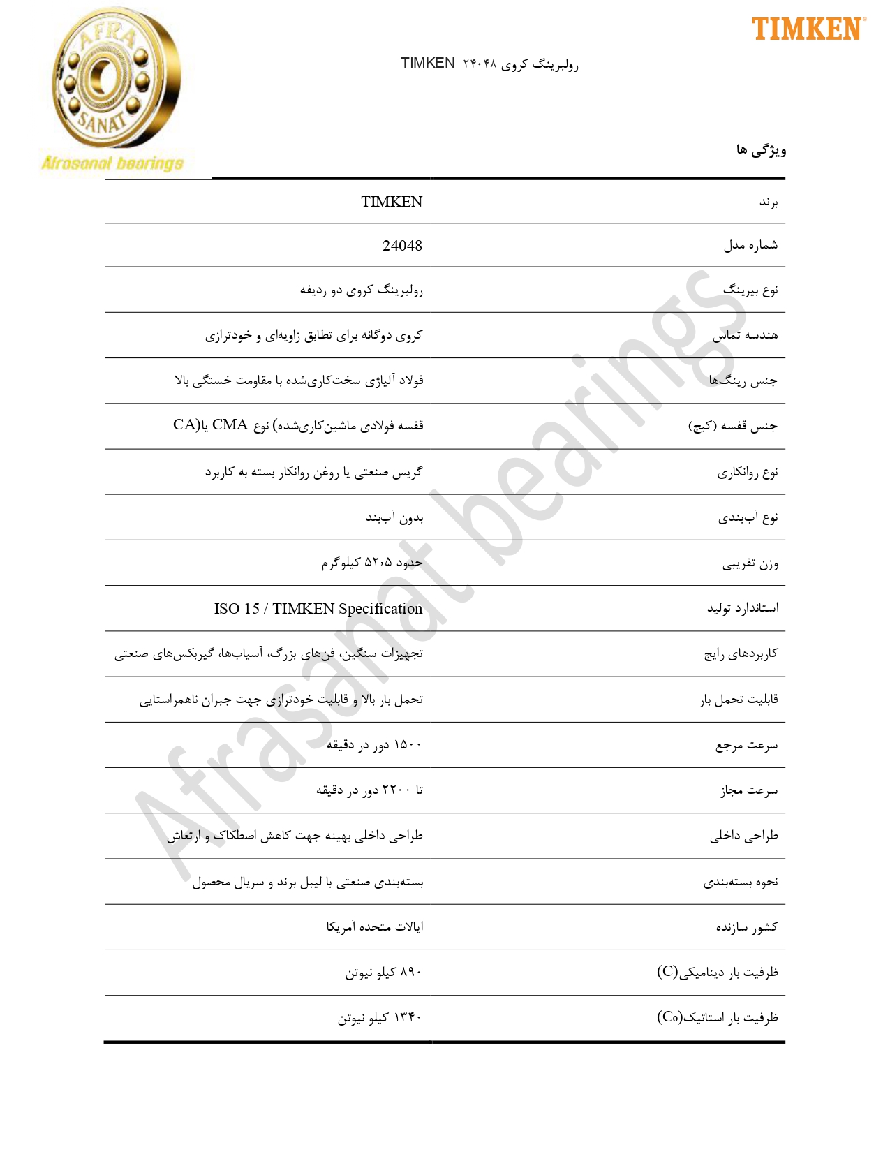 کاتالوگ مشخصات بلبرینگ 24048 TIMKEN