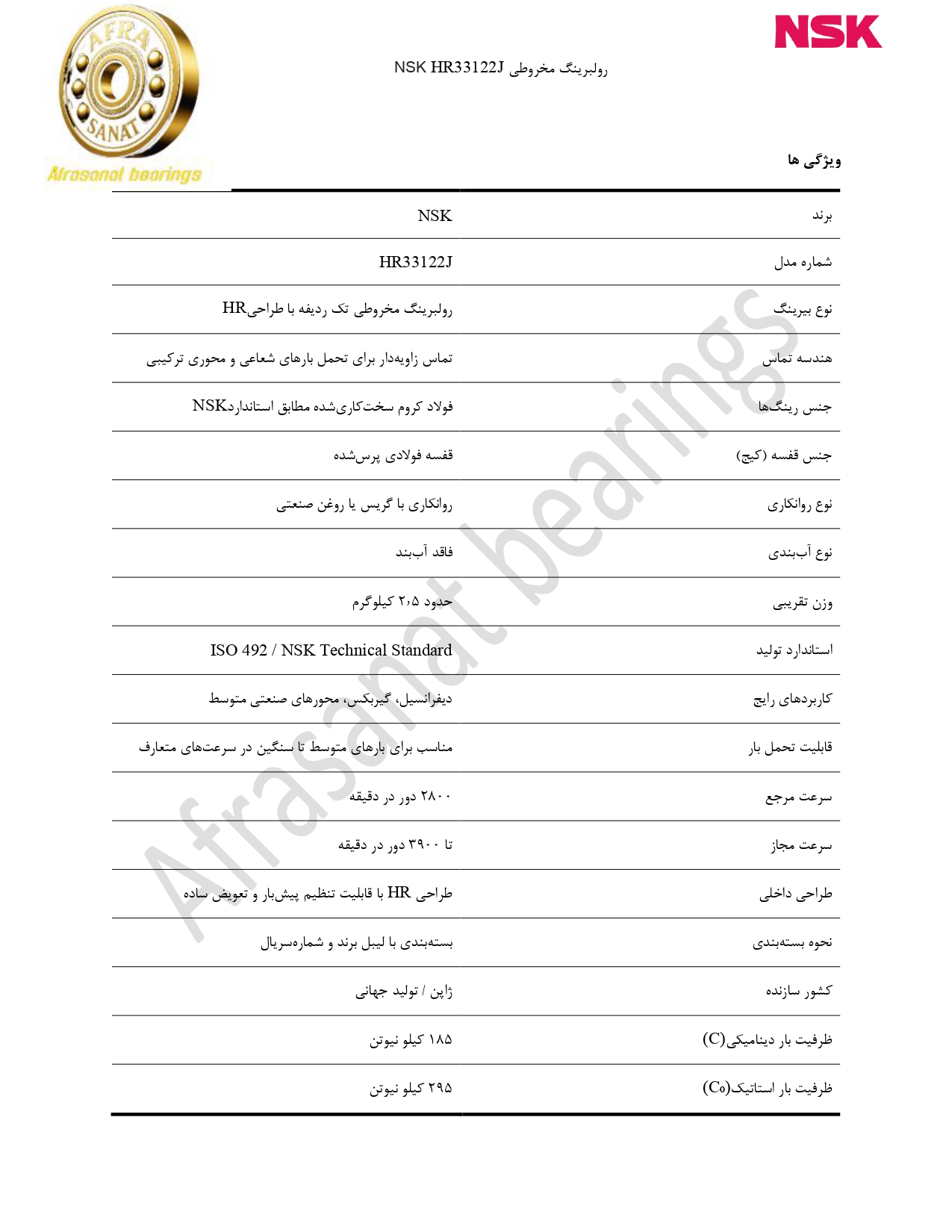 کاتالوگ مشخصات بلبرینگ HR33122J NSK