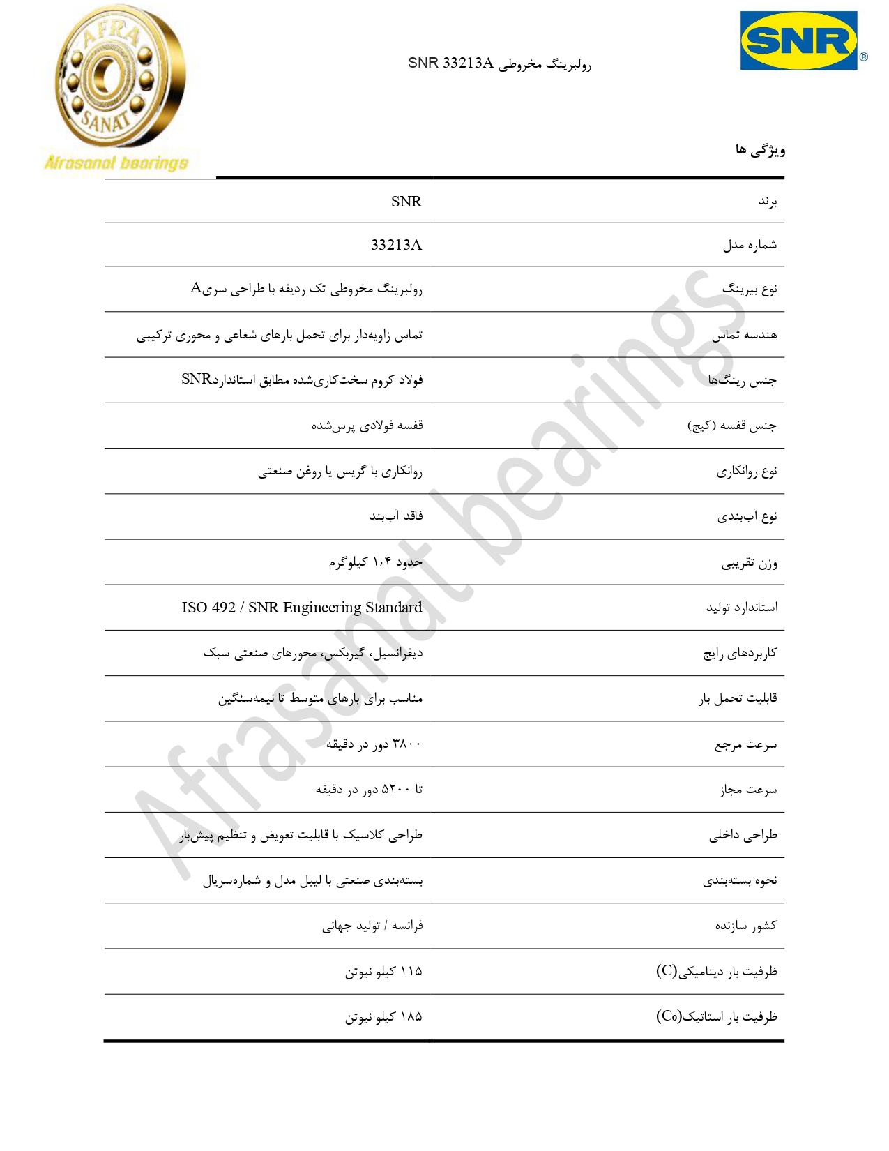 کاتالوگ مشخصات بلبرینگ HR33213J FAG