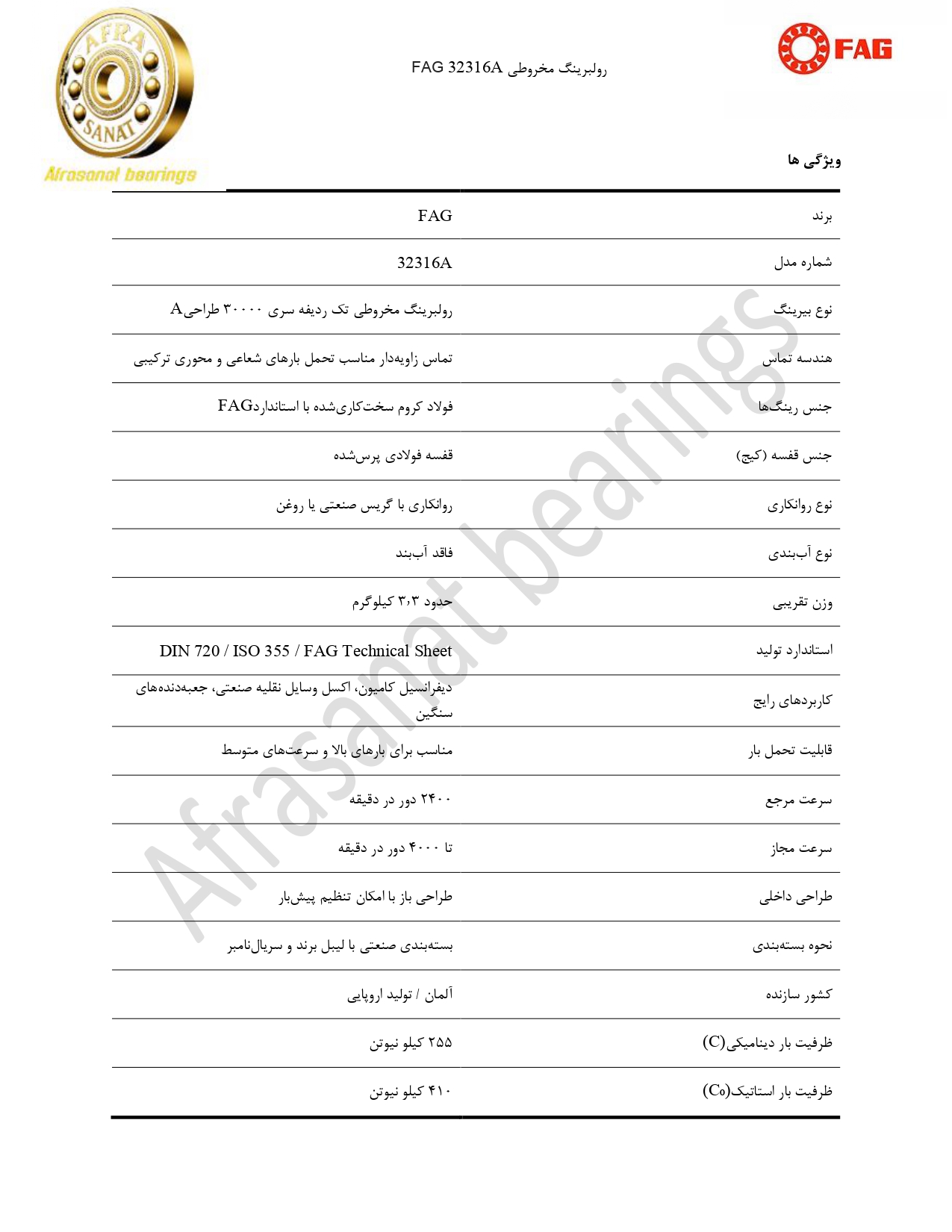 کاتالوگ مشخصات بلبرینگ 32316A FAG