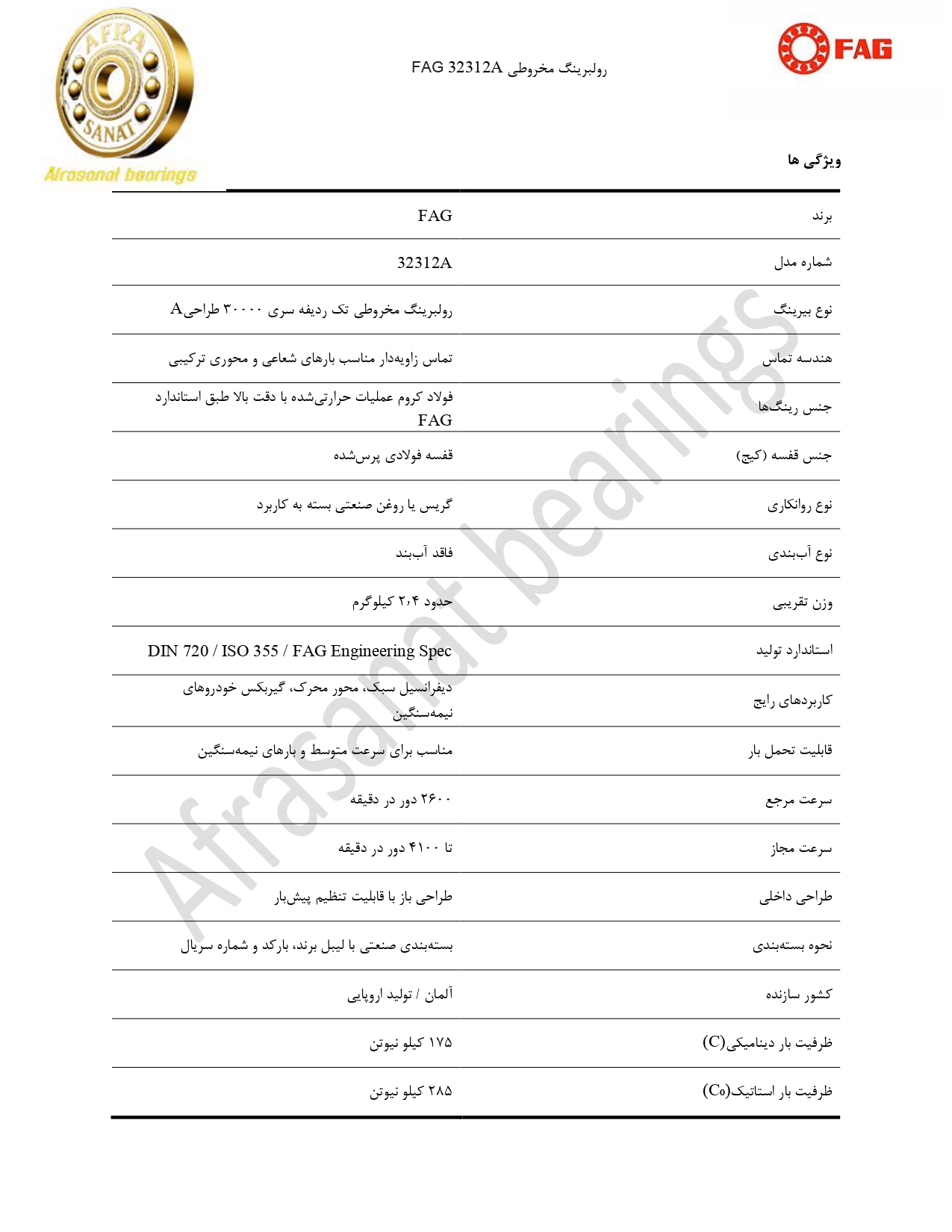 کاتالوگ مشخصات بلبرینگ 32312A FAG