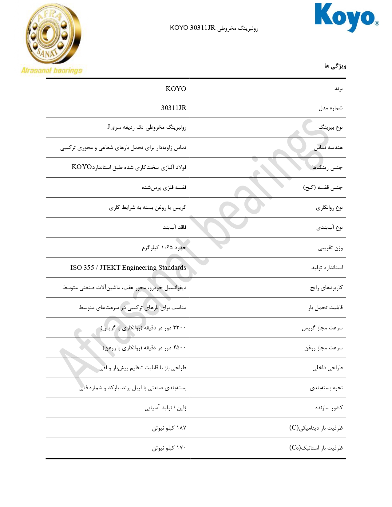 کاتالوگ مشخصات بلبرینگ 30311JR KOYO