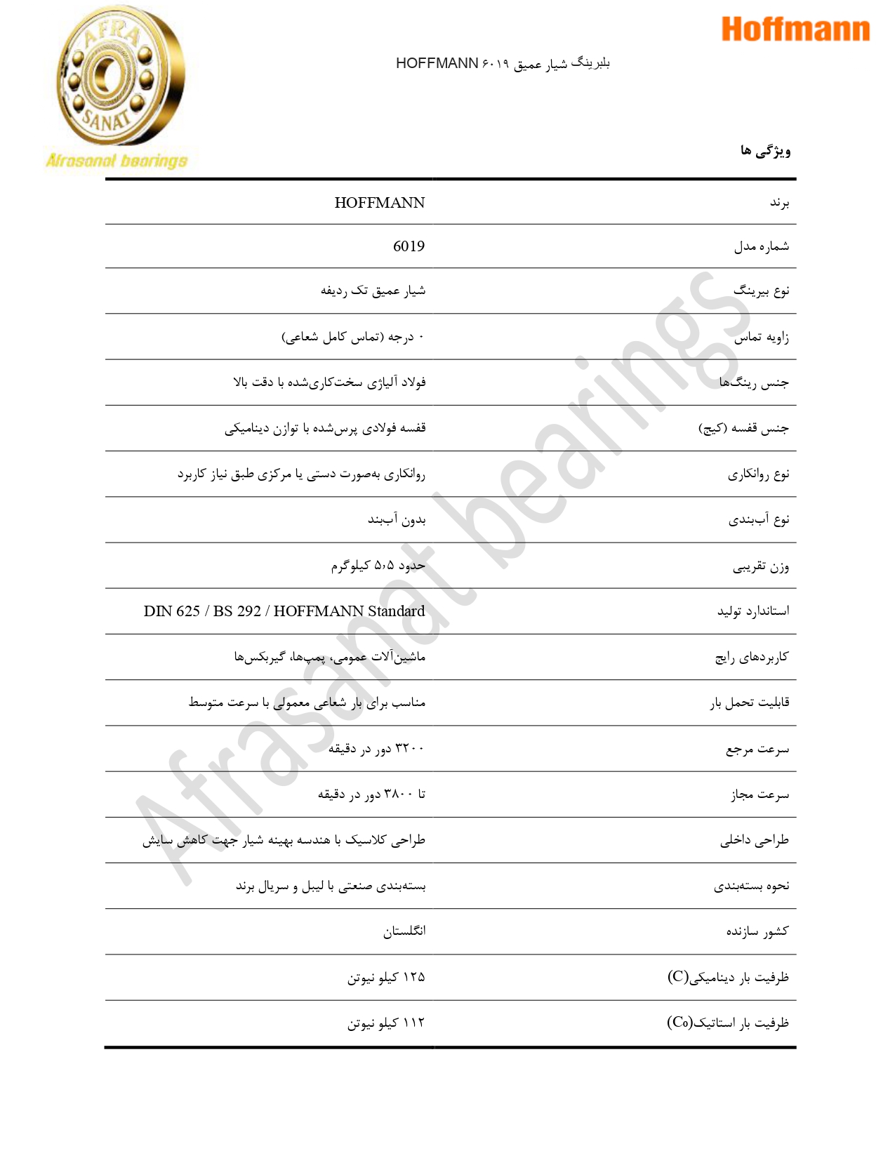 کاتالوگ مشخصات بلبرینگ 6019 HOFFMANN