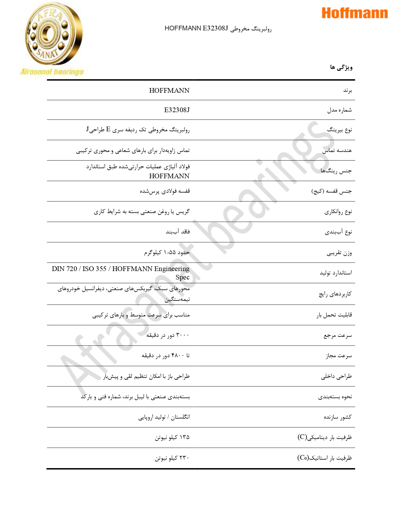 کاتالوگ مشخصات بلبرینگ E32308J HOFFMANN