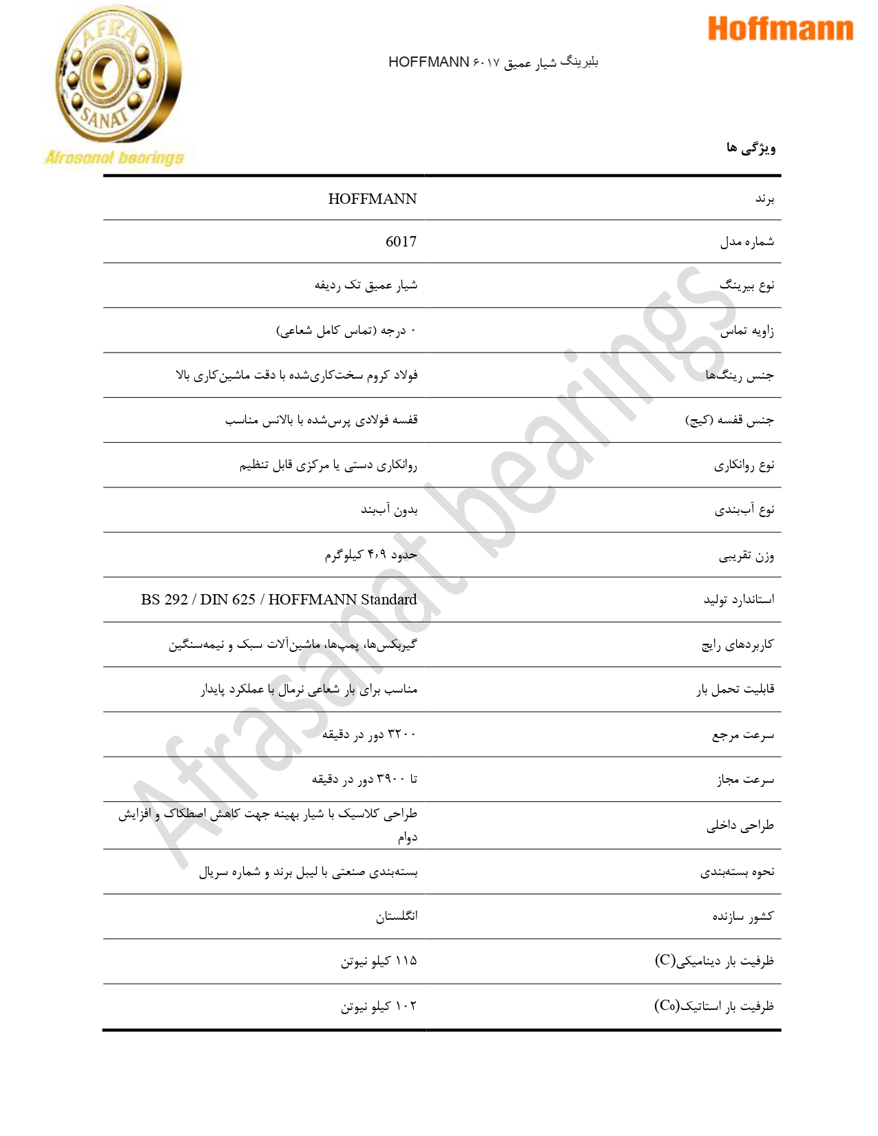 کاتالوگ مشخصات بلبرینگ 6017 HOFFMANN