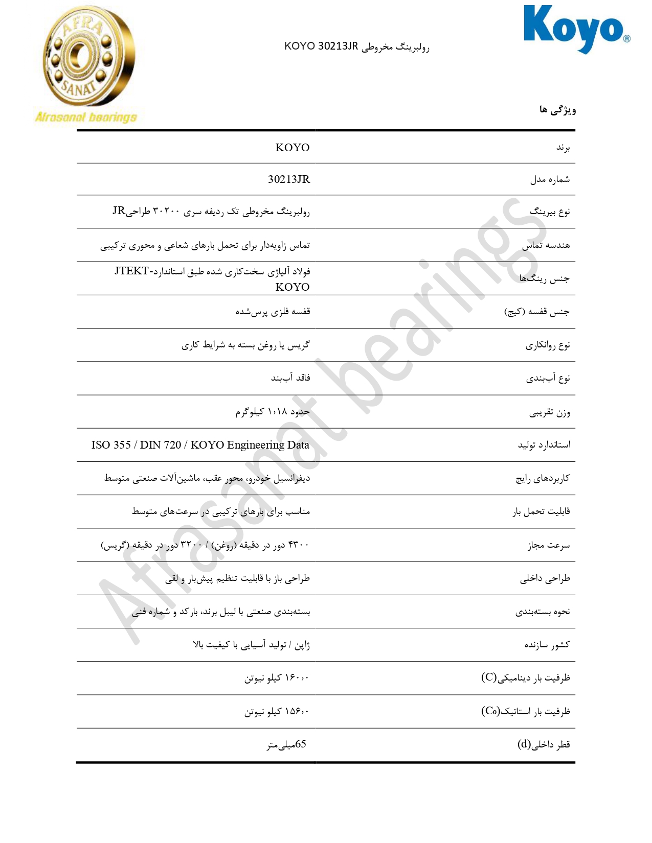 کاتالوگ مشخصات بلبرینگ 30213JR KOYO
