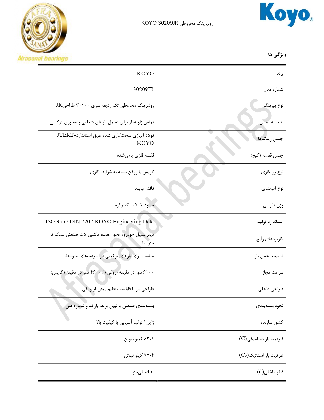 کاتالوگ مشخصات بلبرینگ 30209JR KOYO