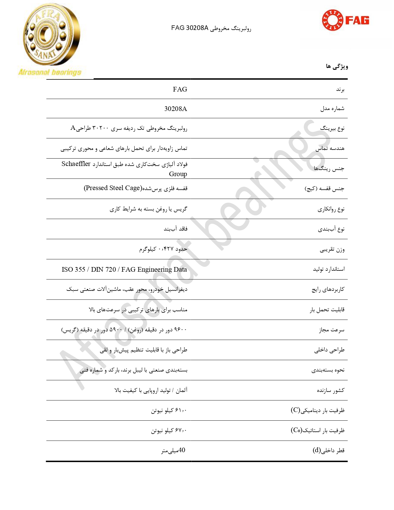 کاتالوگ مشخصات بلبرینگ 30208A FAG