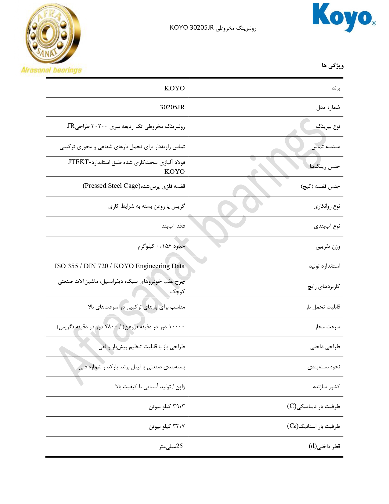 کاتالوگ مشخصات بلبرینگ 30205JR KOYO
