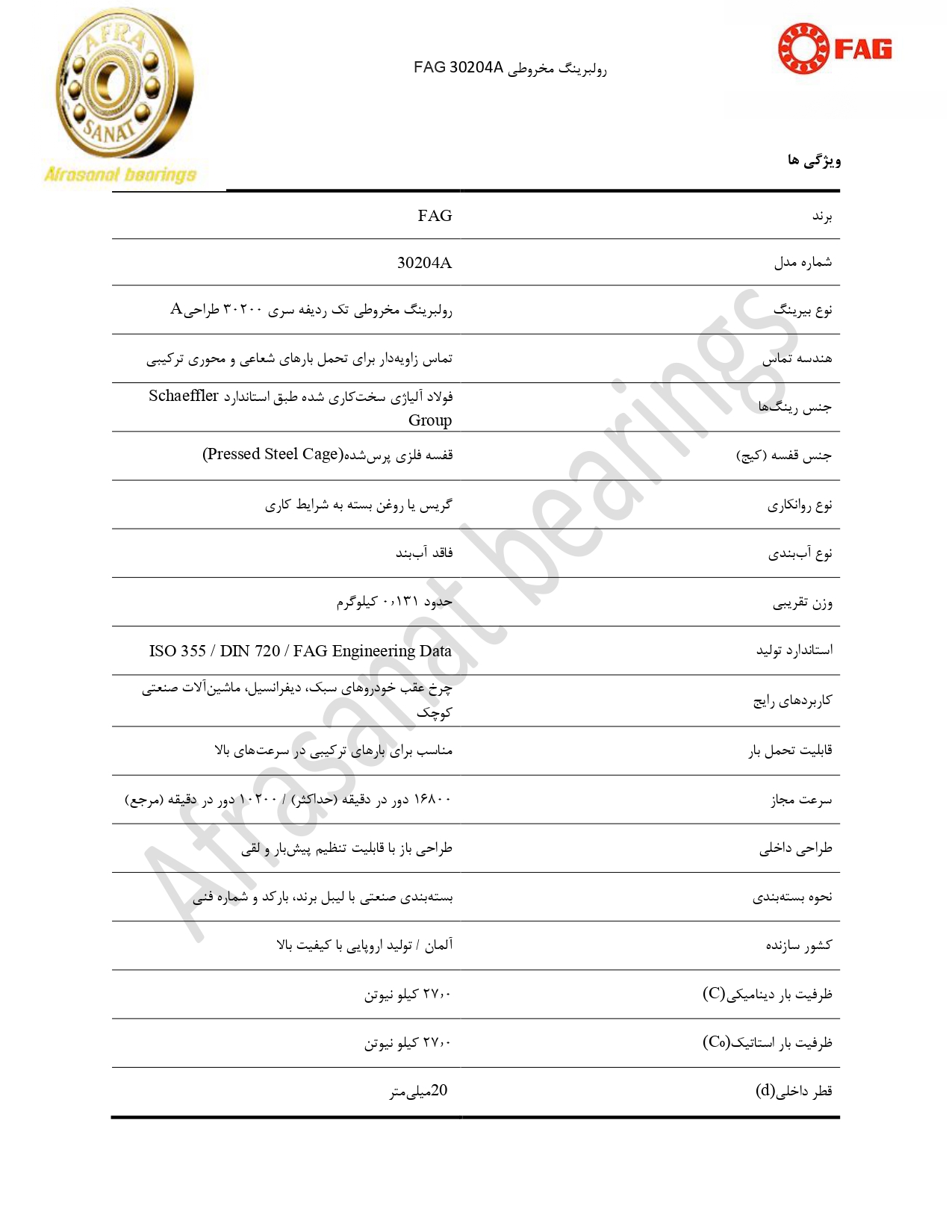 کاتالوگ مشخصات بلبرینگ 30204A FAG