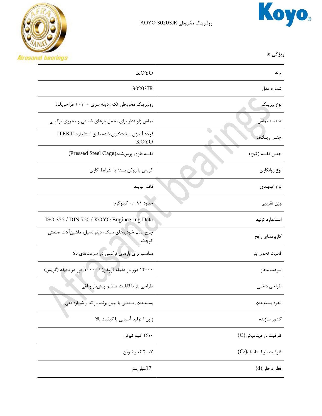 کاتالوگ مشخصات بلبرینگ 30203JR KOYO