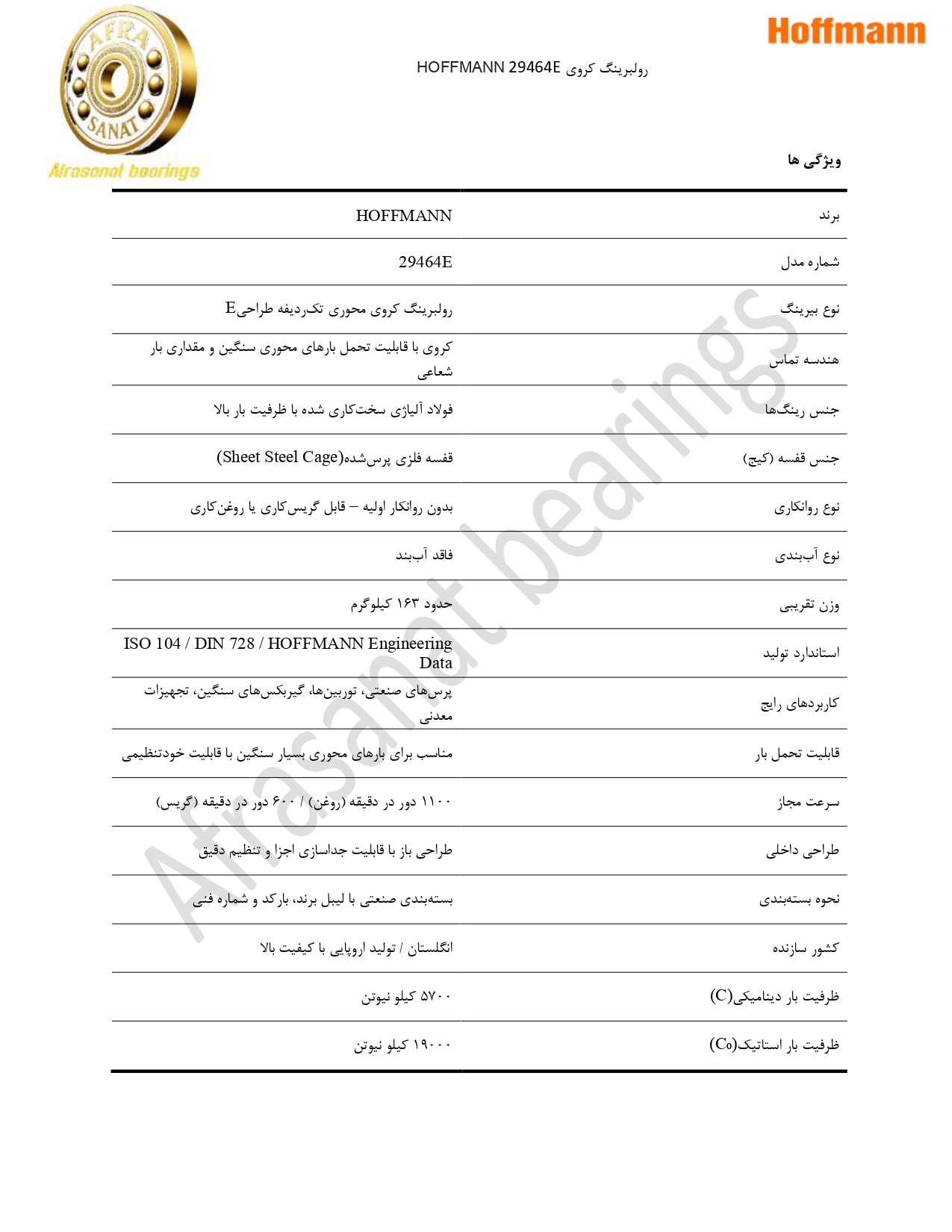 کاتالوگ مشخصات بلبرینگ 29464E HOFFMANN