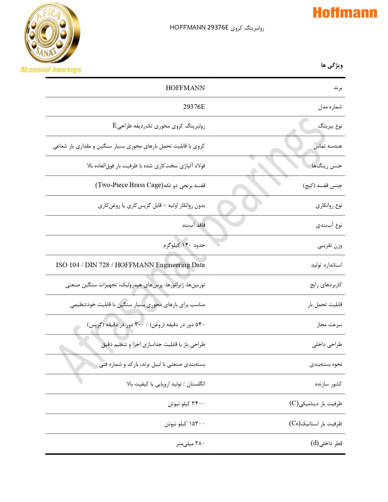 کاتالوگ مشخصات بلبرینگ 29376E HOFFMANN