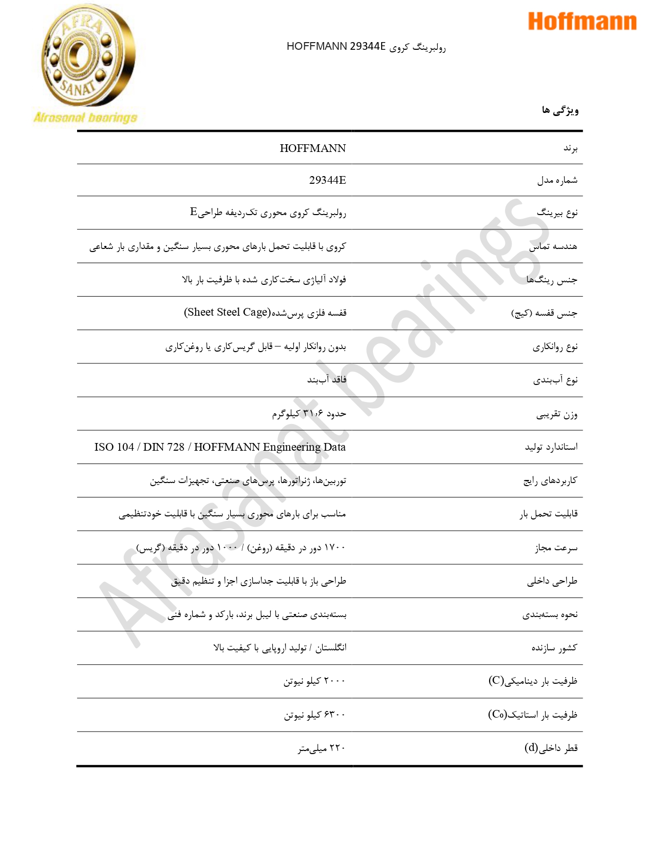 کاتالوگ مشخصات بلبرینگ 29344E HOFFMANN