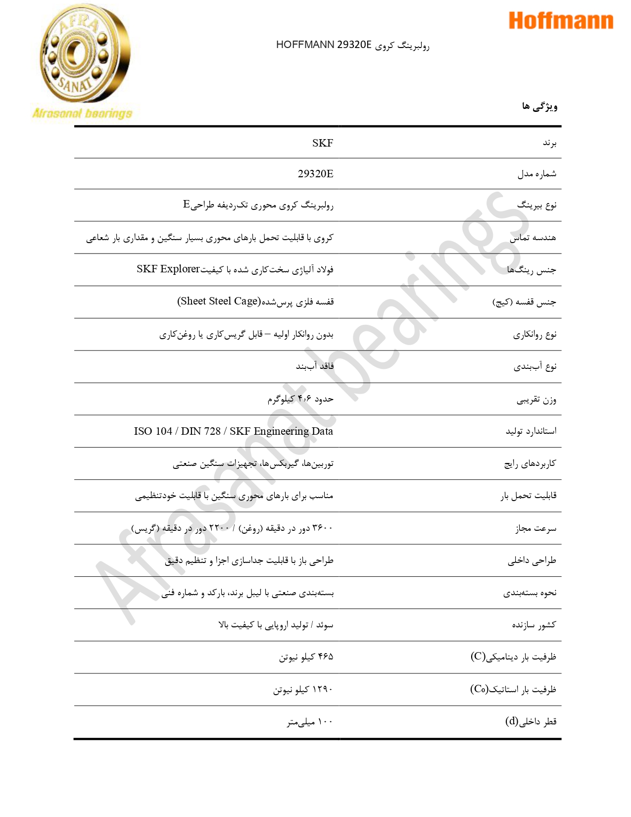کاتالوگ مشخصات بلبرینگ 29320E HOFFMANN