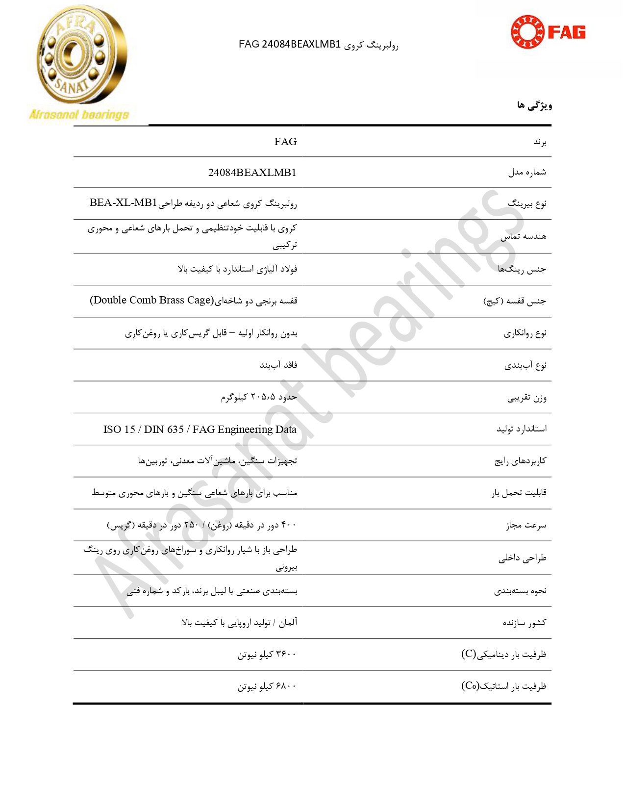 کاتالوگ مشخصات بلبرینگ 24084BEAXLMB1 FAG