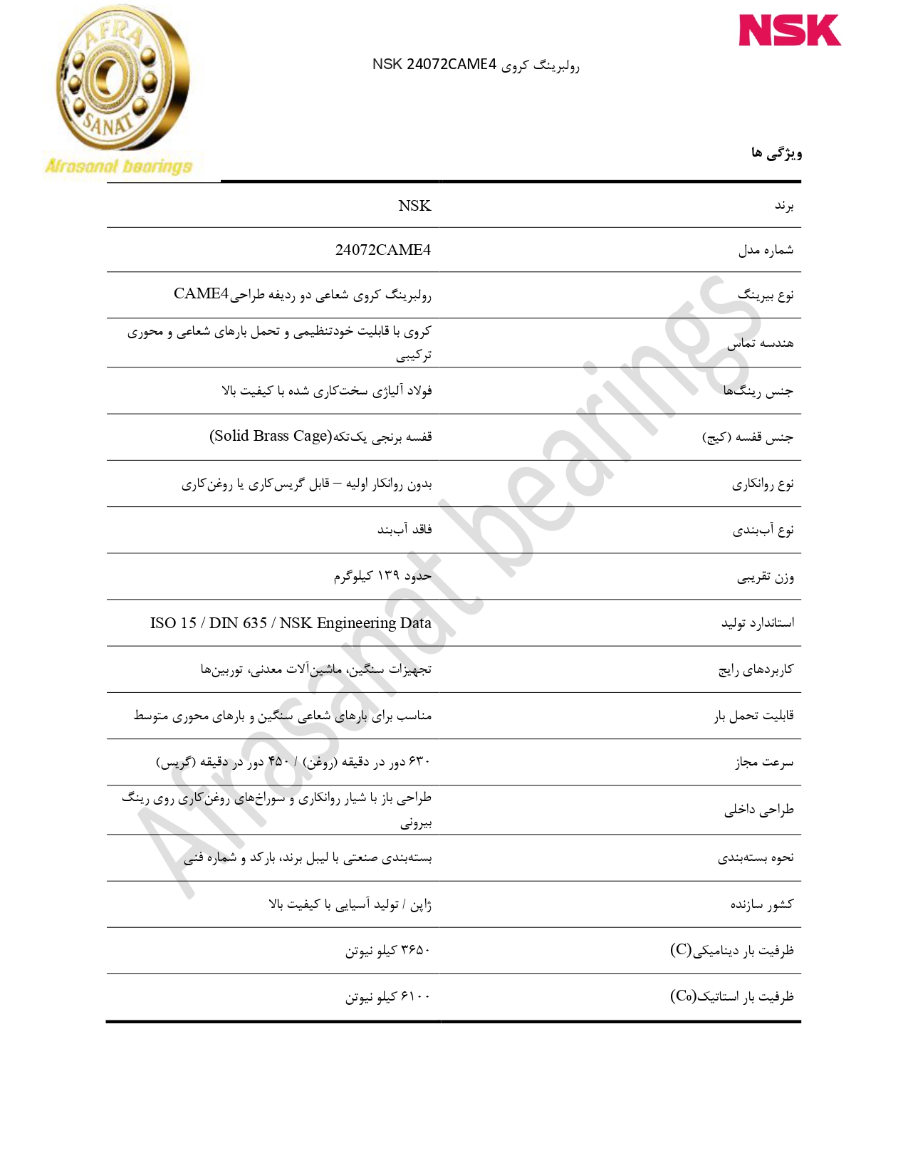 کاتالوگ مشخصات بلبرینگ 24072CAME4 NSK