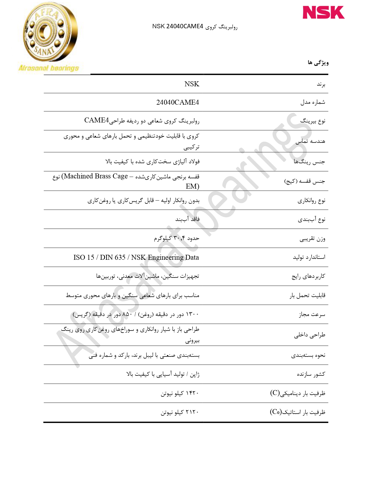 کاتالوگ مشخصات بلبرینگ 24040CAME4 NSK