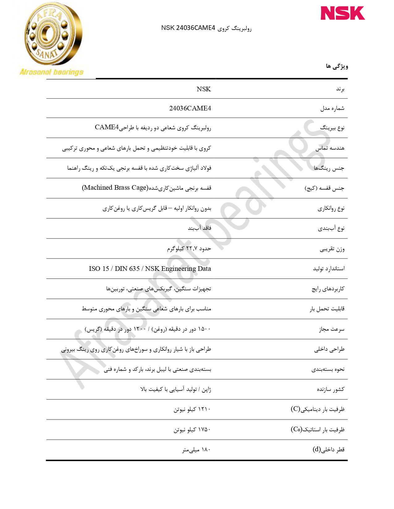 کاتالوگ مشخصات بلبرینگ 24036CAME4 NSK