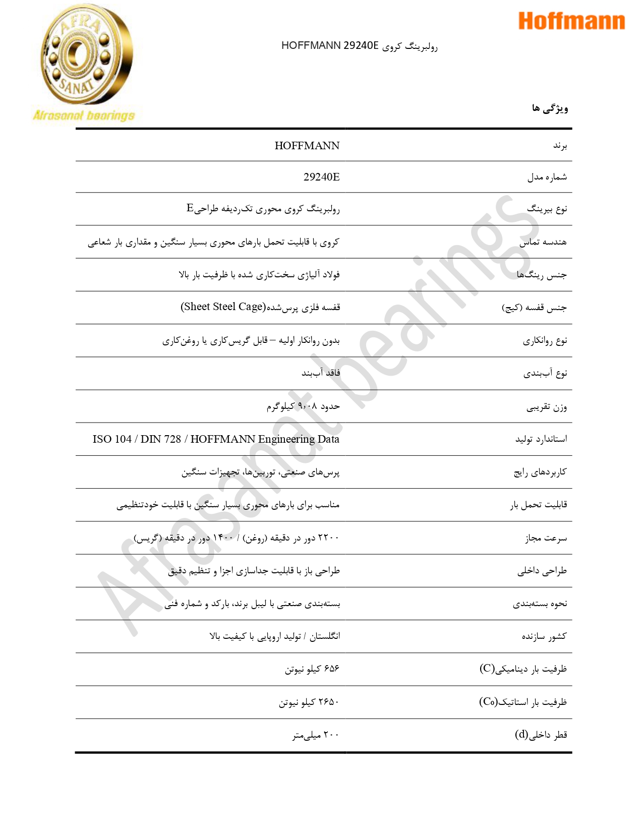 کاتالوگ مشخصات بلبرینگ 29240E HOFFMANN