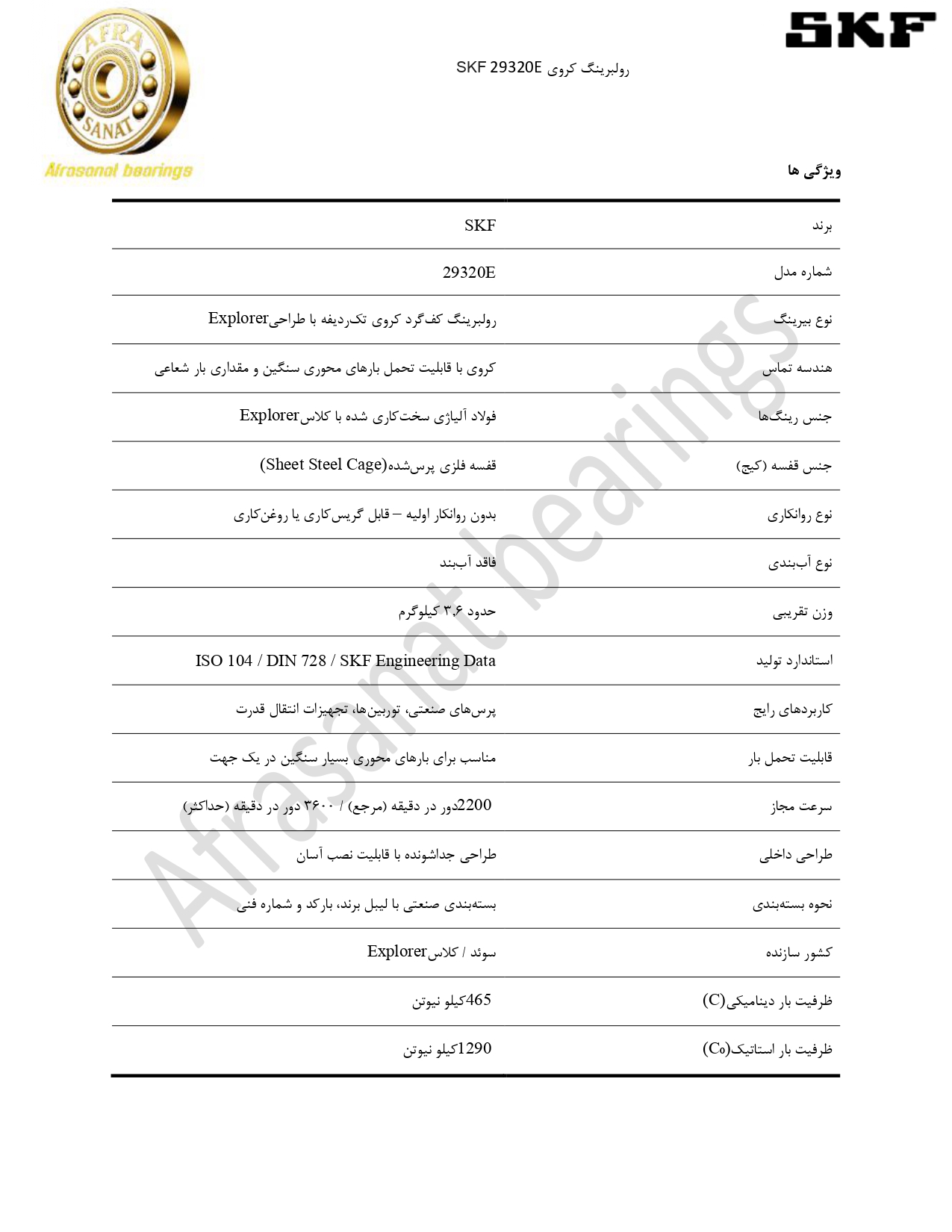 کاتالوگ مشخصات بلبرینگ 29320E SKF
