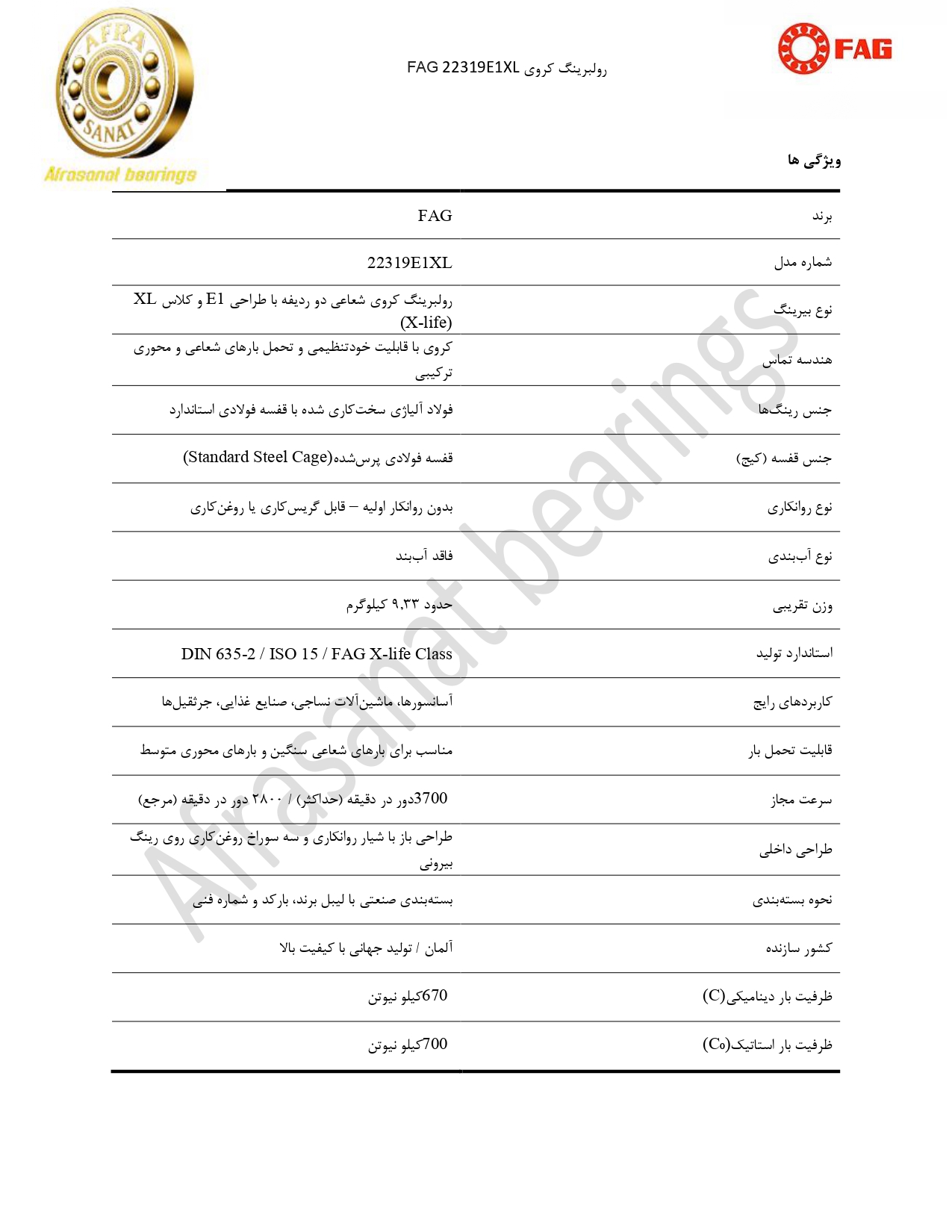 کاتالوگ مشخصات رولبرینگ 22319E1XL FAG