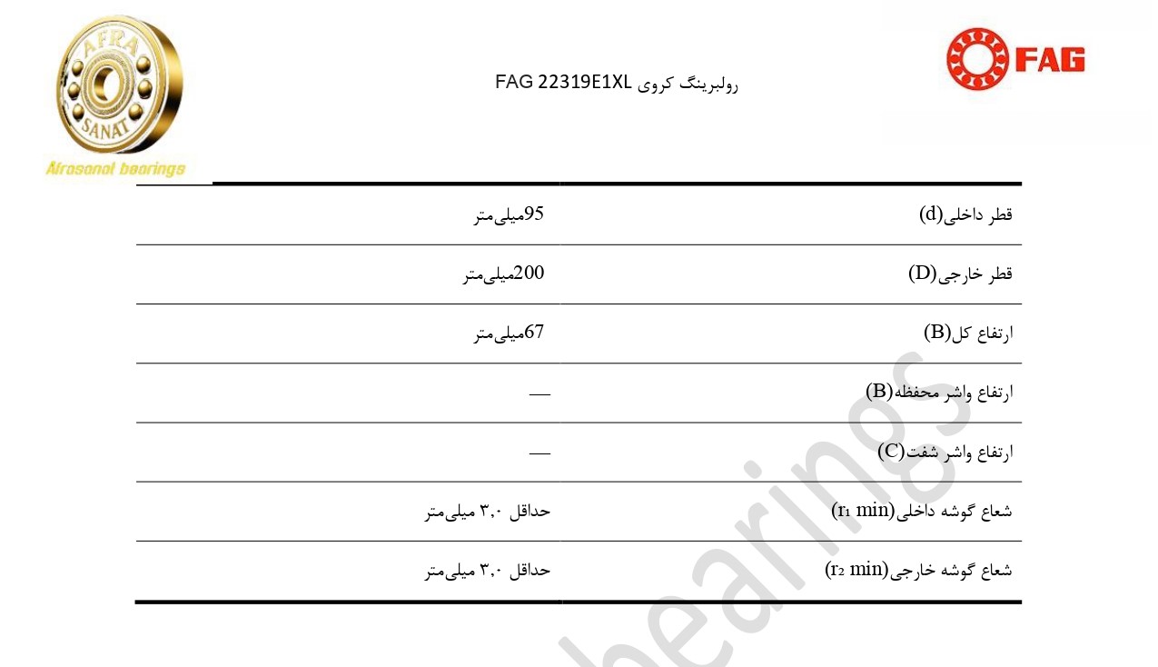 کاتالوگ مشخصات رولبرینگ 22319E1XL FAG