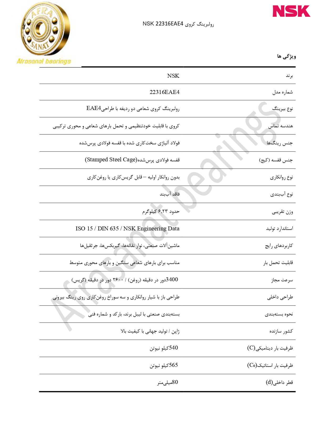 کاتالوگ مشخصات رولبرینگ 22316EAE4 NSK