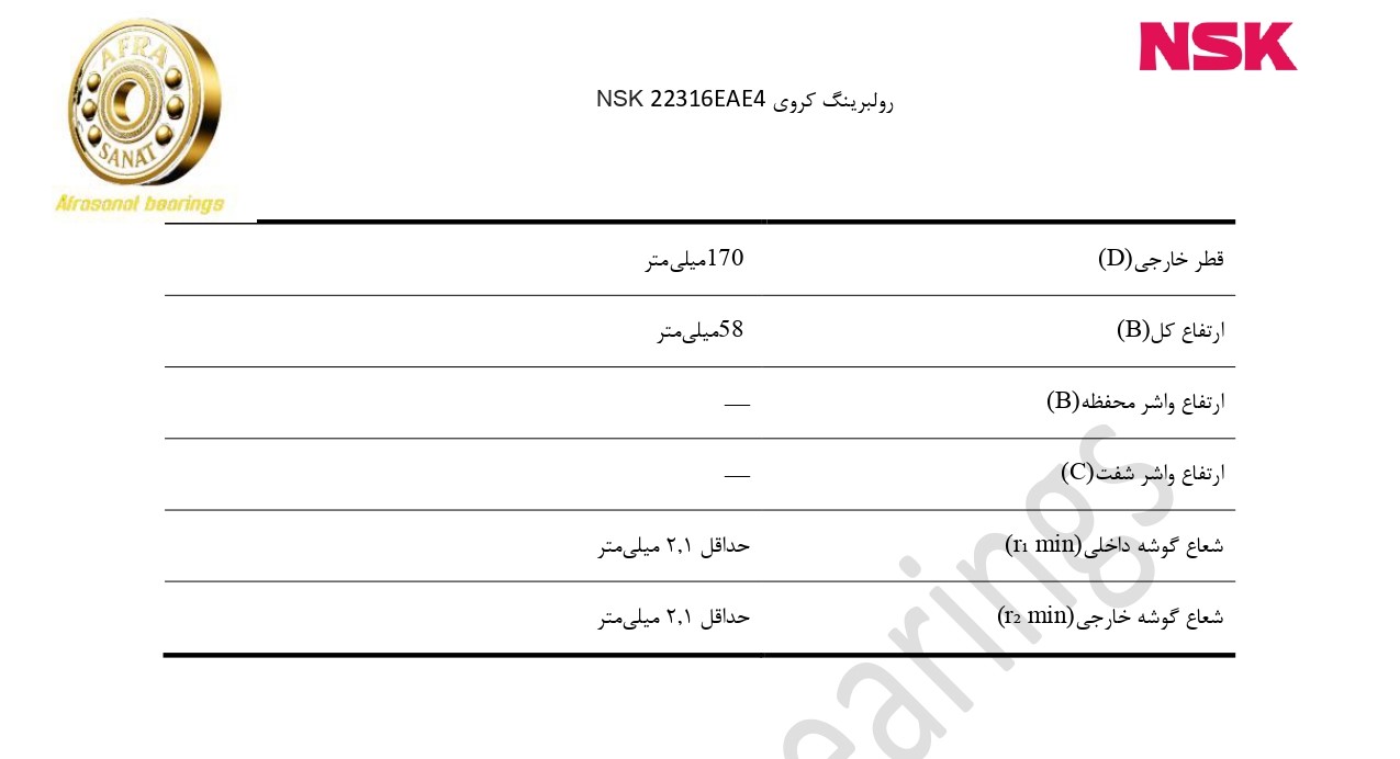 کاتالوگ مشخصات رولبرینگ 22316EAE4 NSK