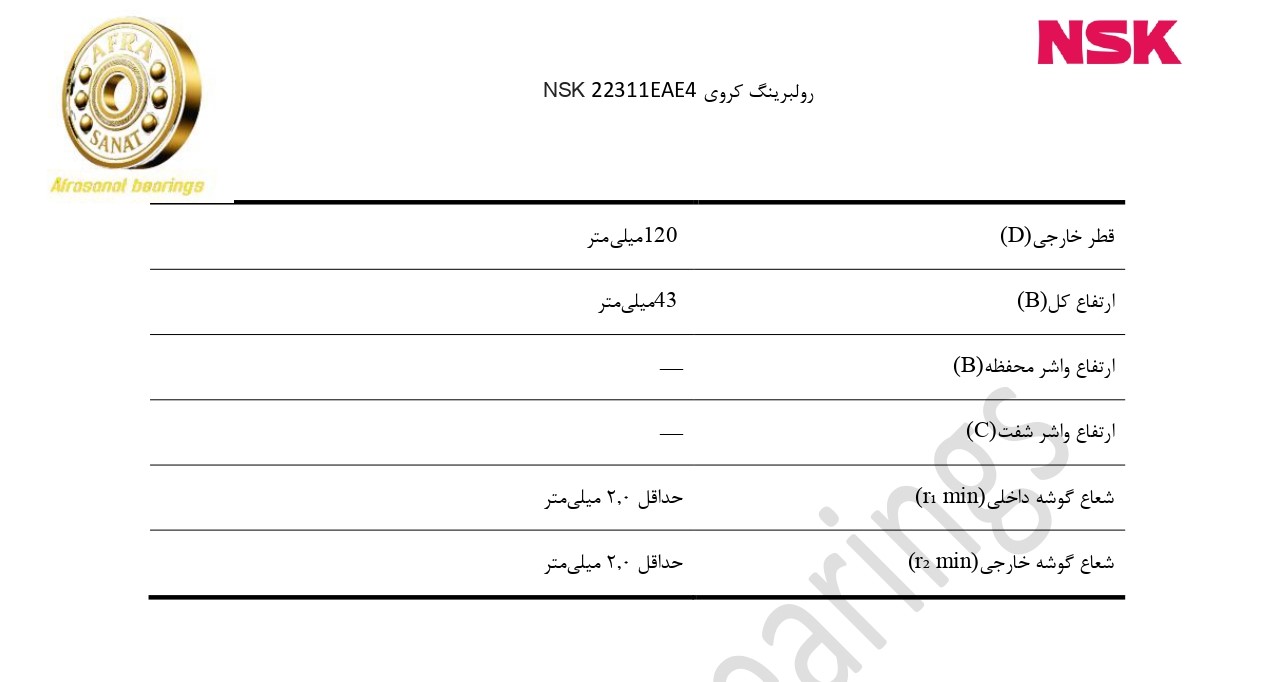 کاتالوگ مشخصات رولبرینگ 22311EAE4 NSK