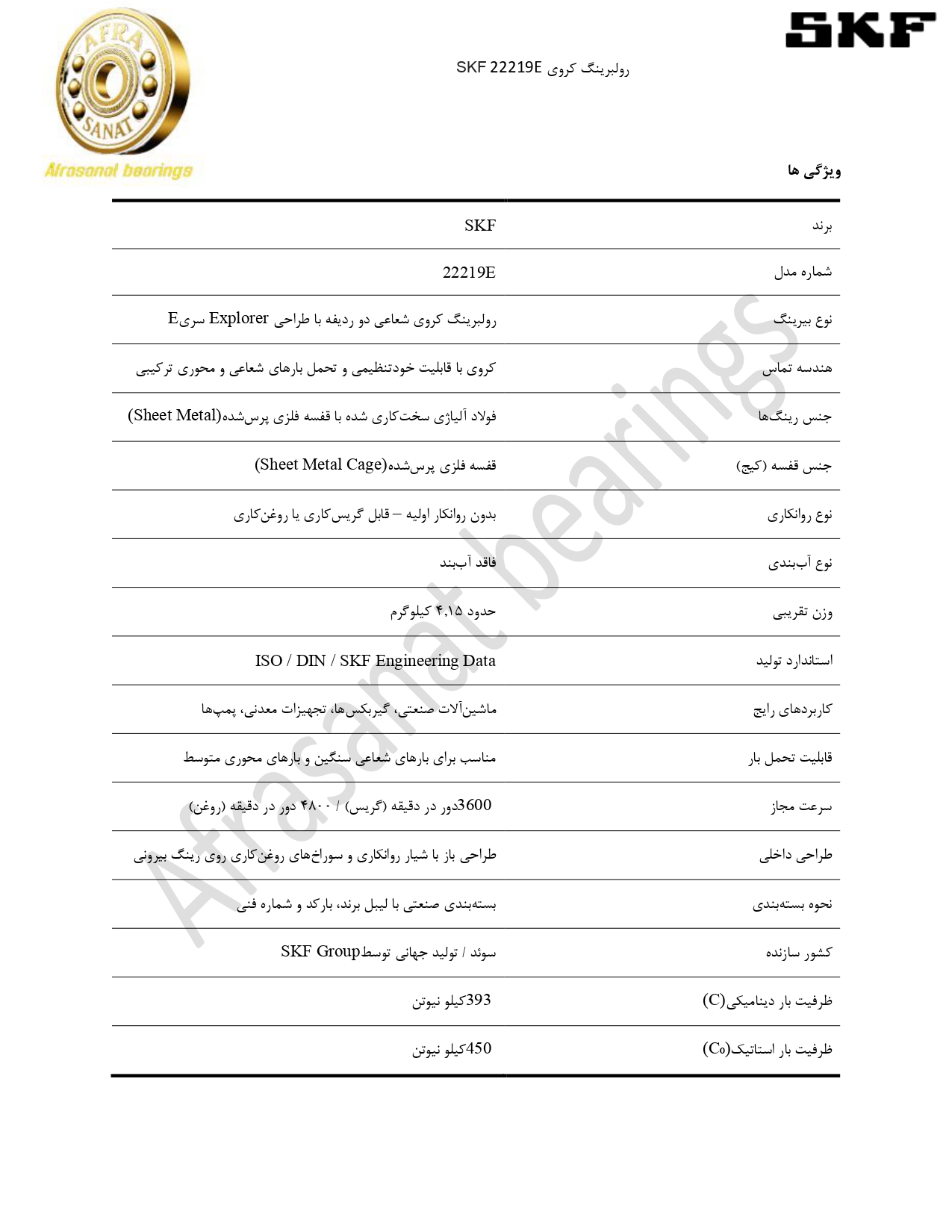 کاتالوگ مشخصات رولبرینگ 22219E SKF